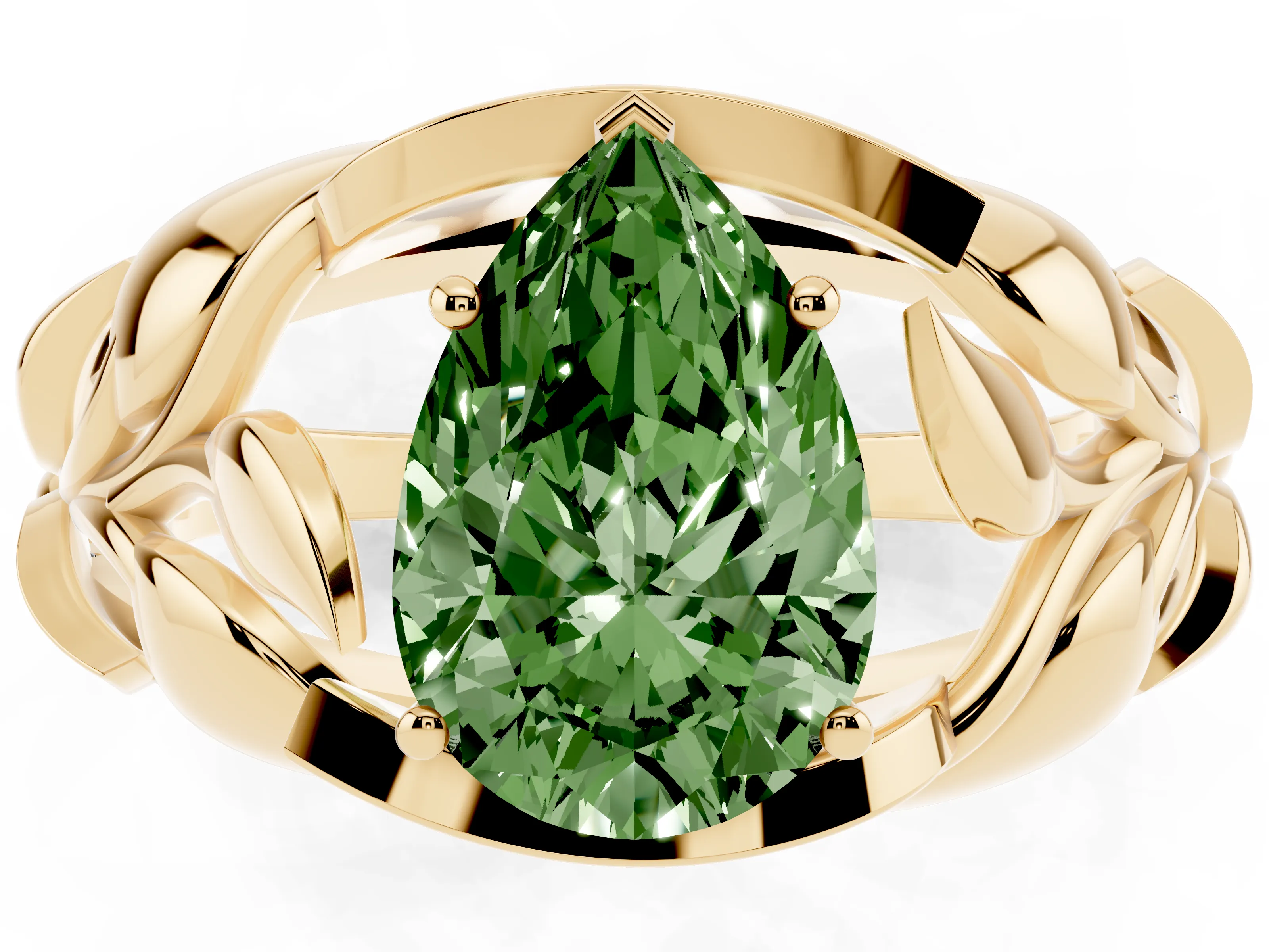 Fancy Green Pear Cut Diamond Leaf-Inspired Engagement Ring Set in Yellow gold with Round Accents