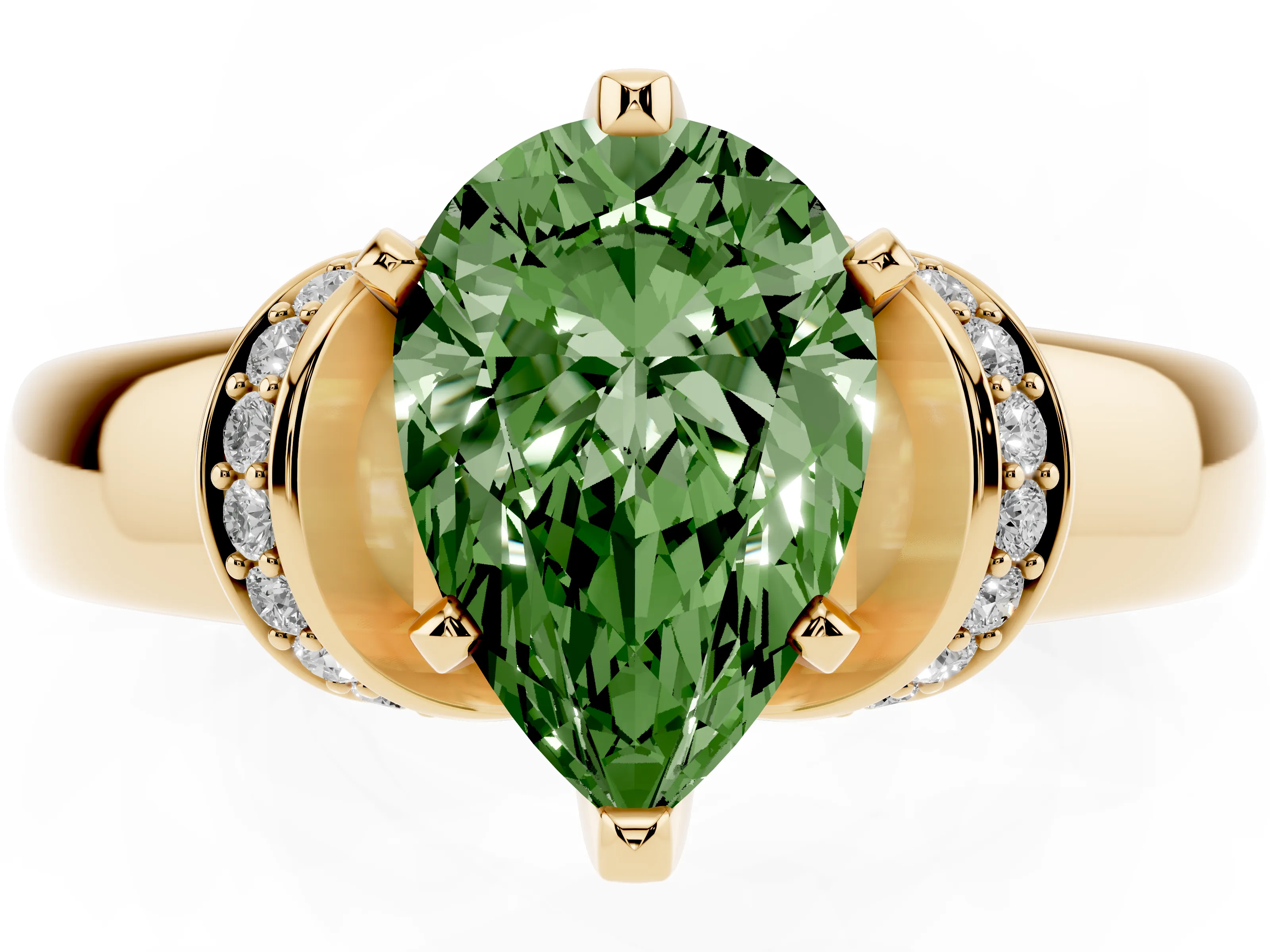 Fancy Green Pear Cut Diamond Pavé Band Solitaire Ring Set in Yellow gold with Prong Setting