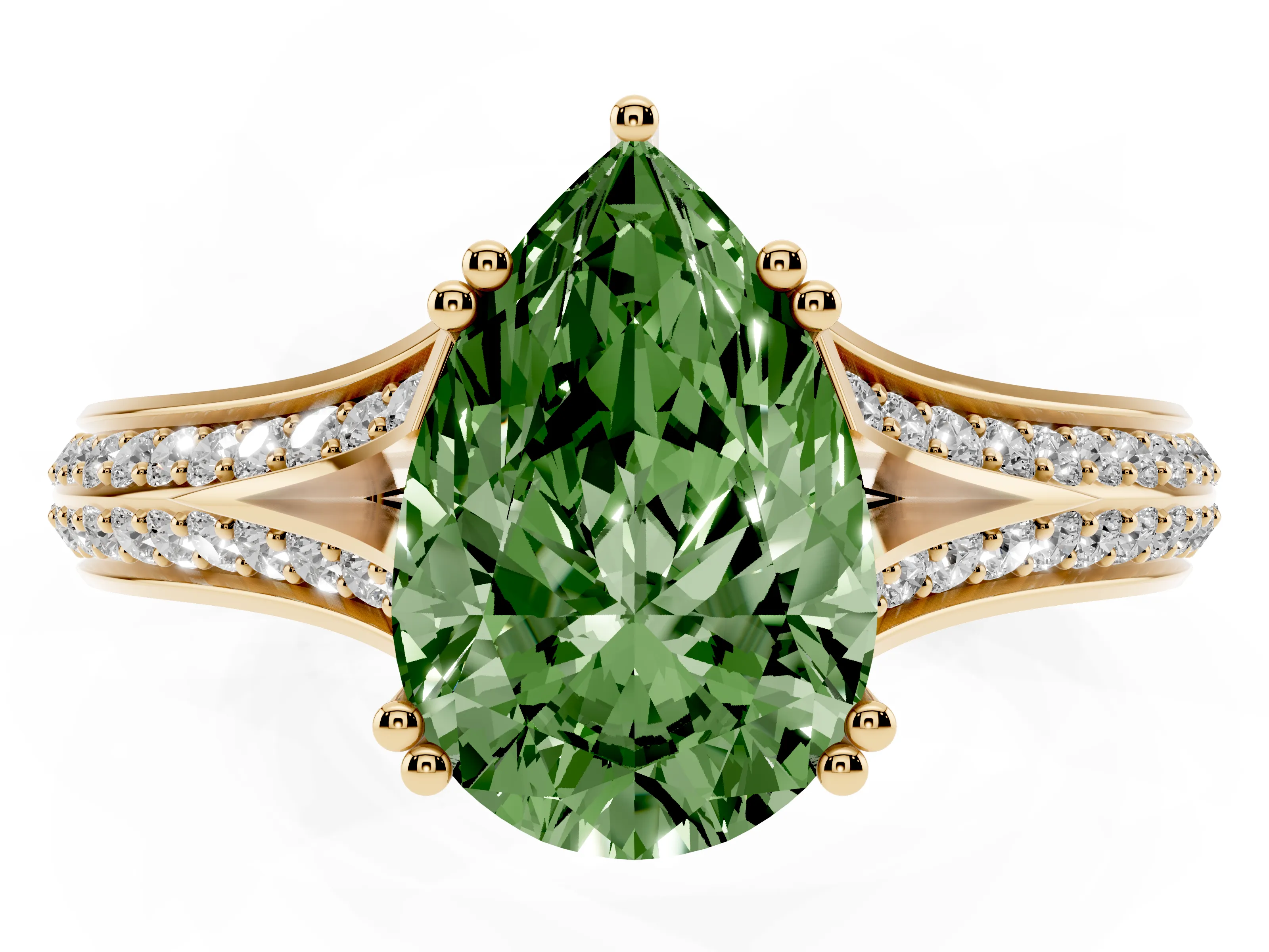 Fancy Green Pear Cut Diamond Split Shank Pavé Engagement Ring Set in Yellow gold with Prong-Set Center Stone