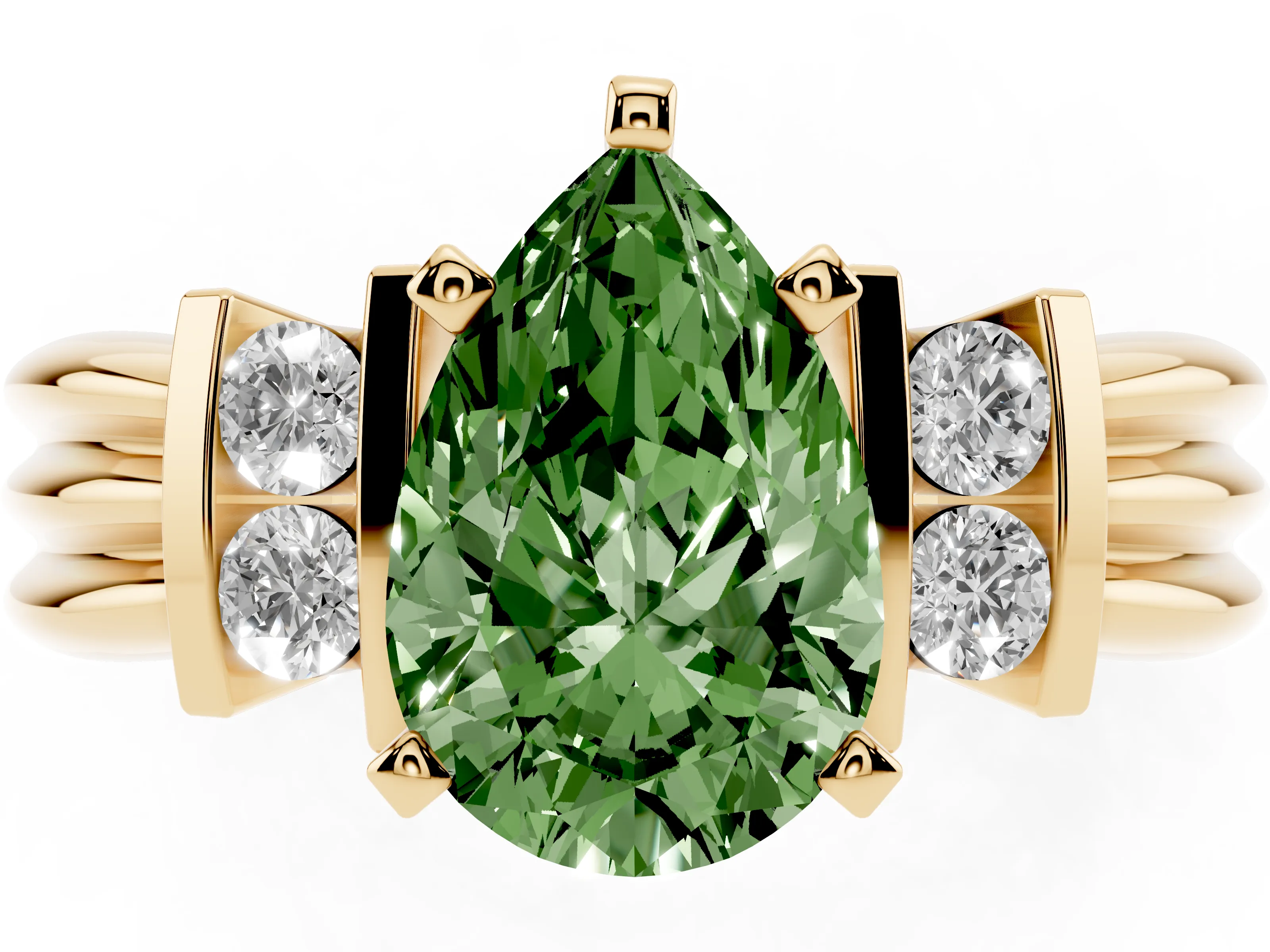 Fancy Green Three-Stone Pear Cut Diamond Channel Set Ring Set in Yellow gold with Bar Prongs