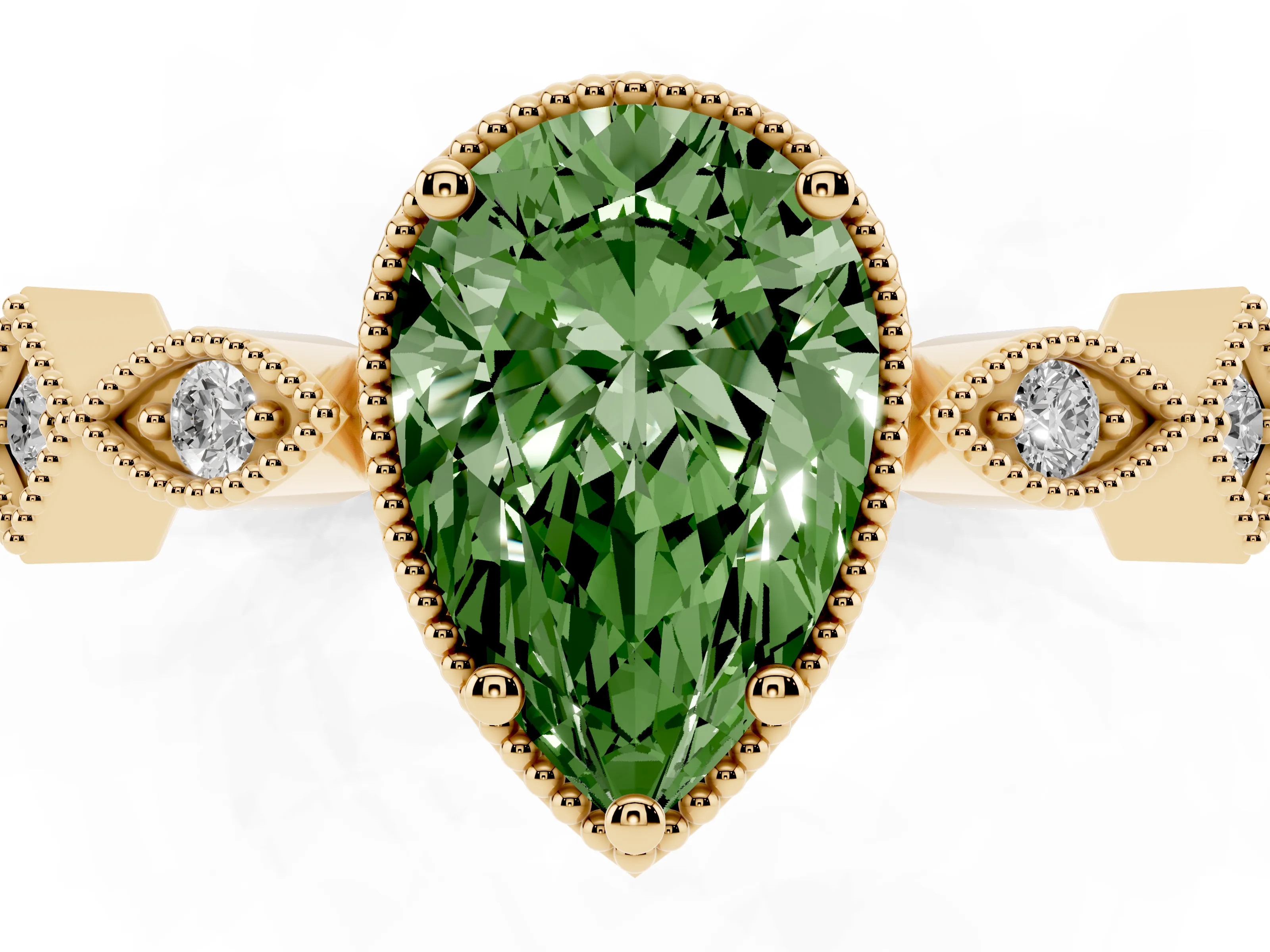 Fancy Green Pear Cut Diamond Milgrain Marquise Twist Band Ring Set in Yellow gold with Prong Setting