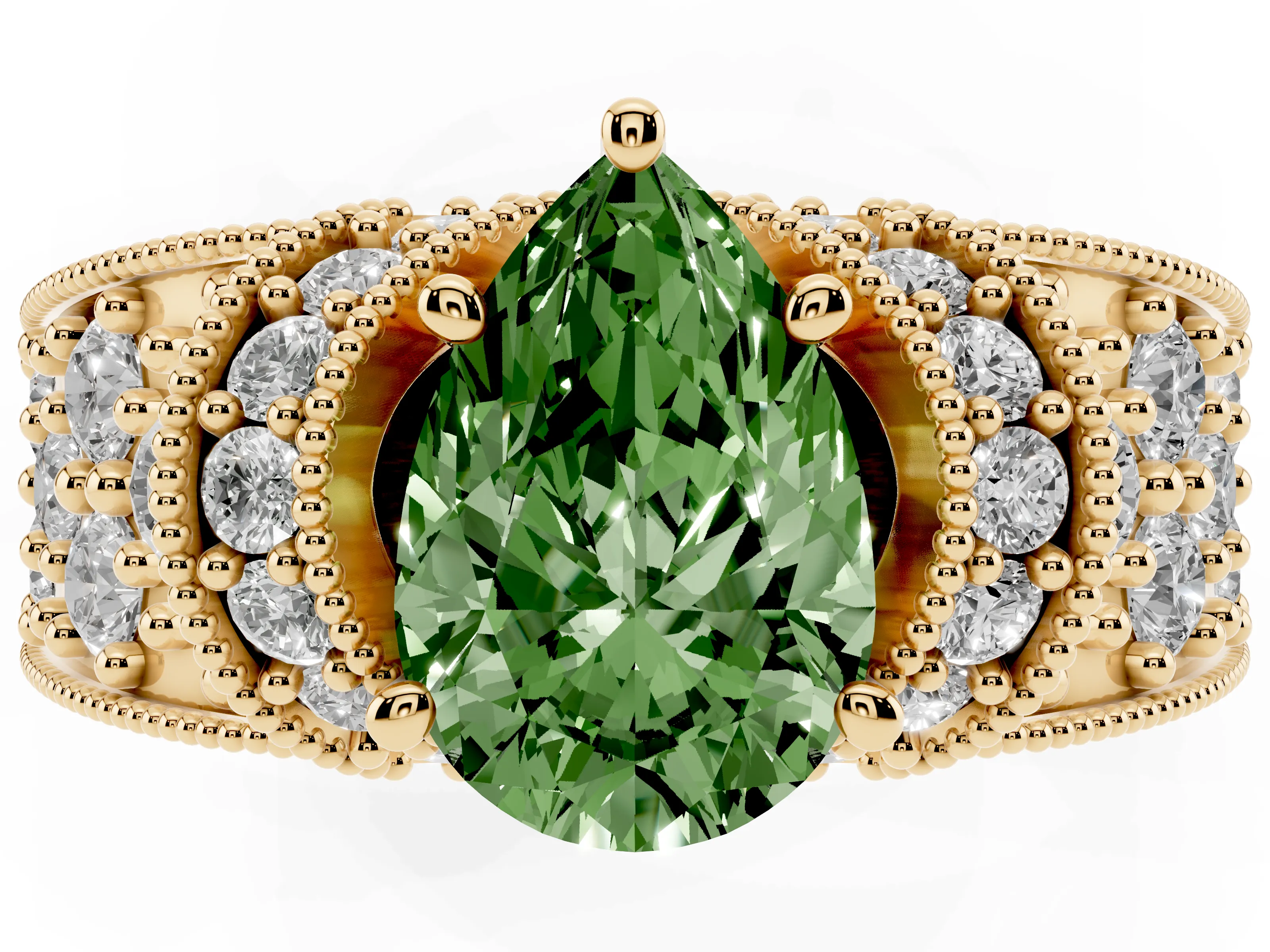 Fancy Green Pear Cut Diamond Milgrain Halo Pavé Engagement Ring Set in Yellow gold with Prong Setting