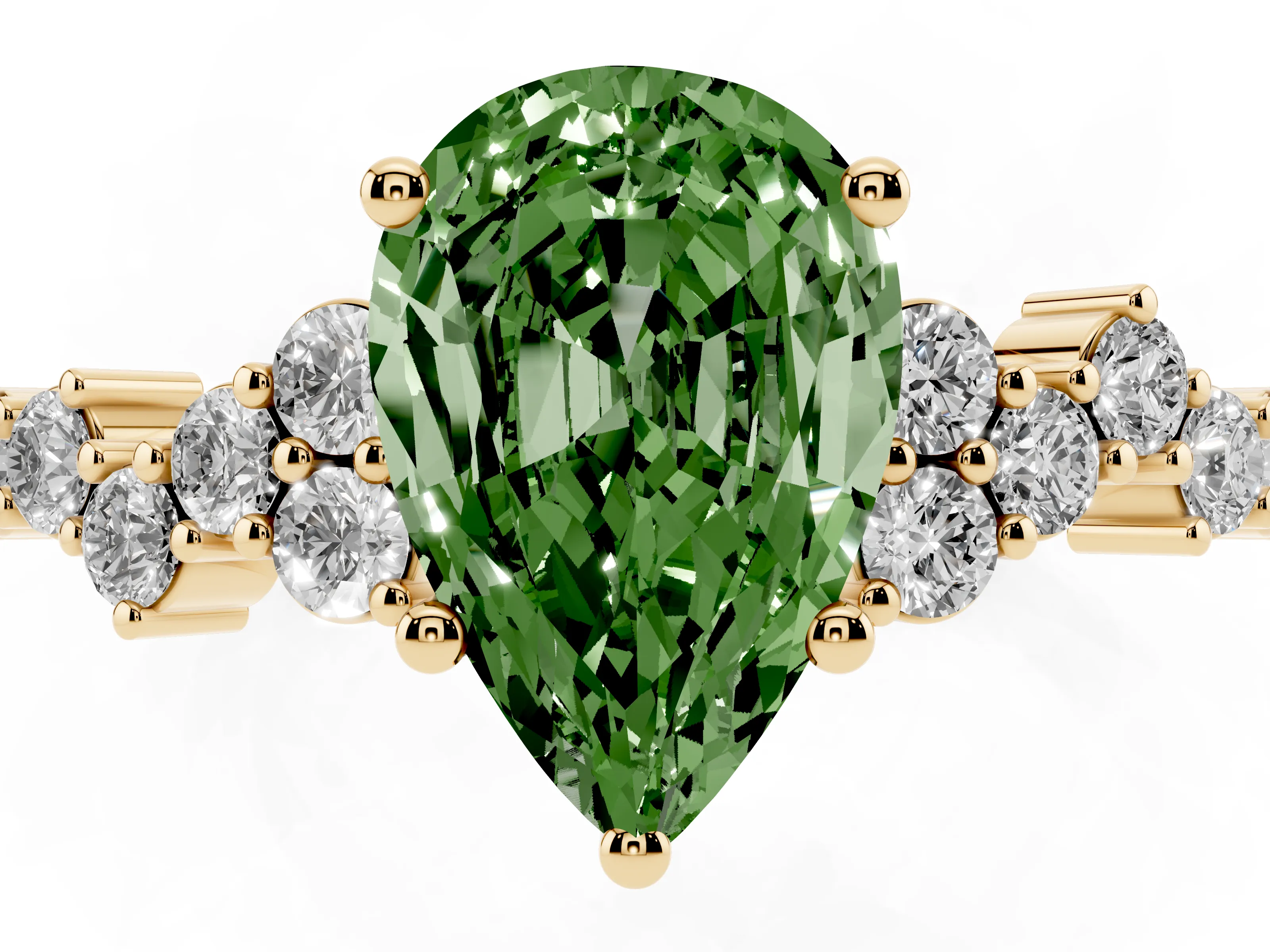 Fancy Green Pear Cut Diamond Ring Set in Yellow gold with Scattered Round Accents