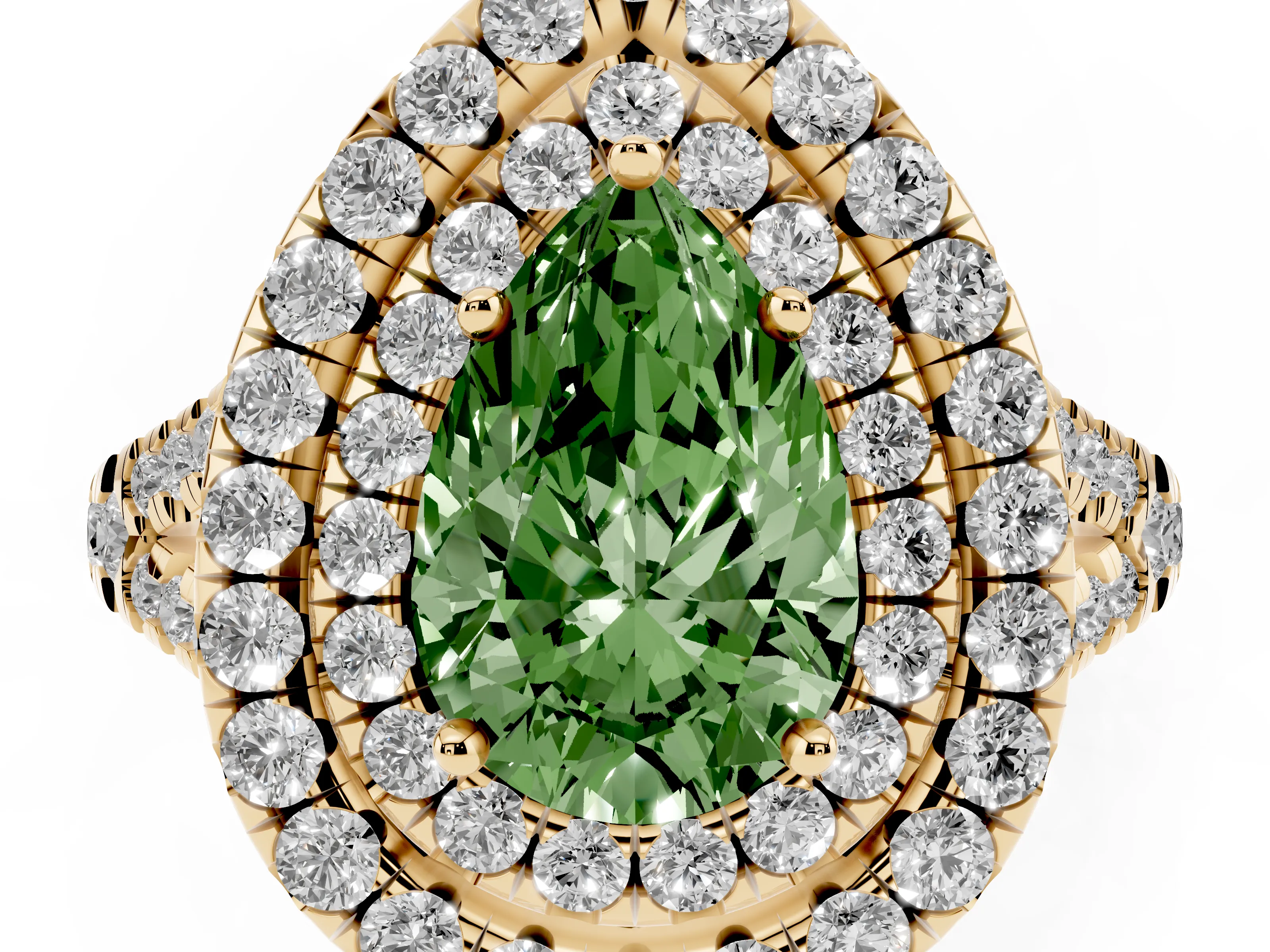 Fancy Green Pear Cut Diamond Double Halo Ring Set in Yellow gold with Pavé Split Shank and Prong Setting