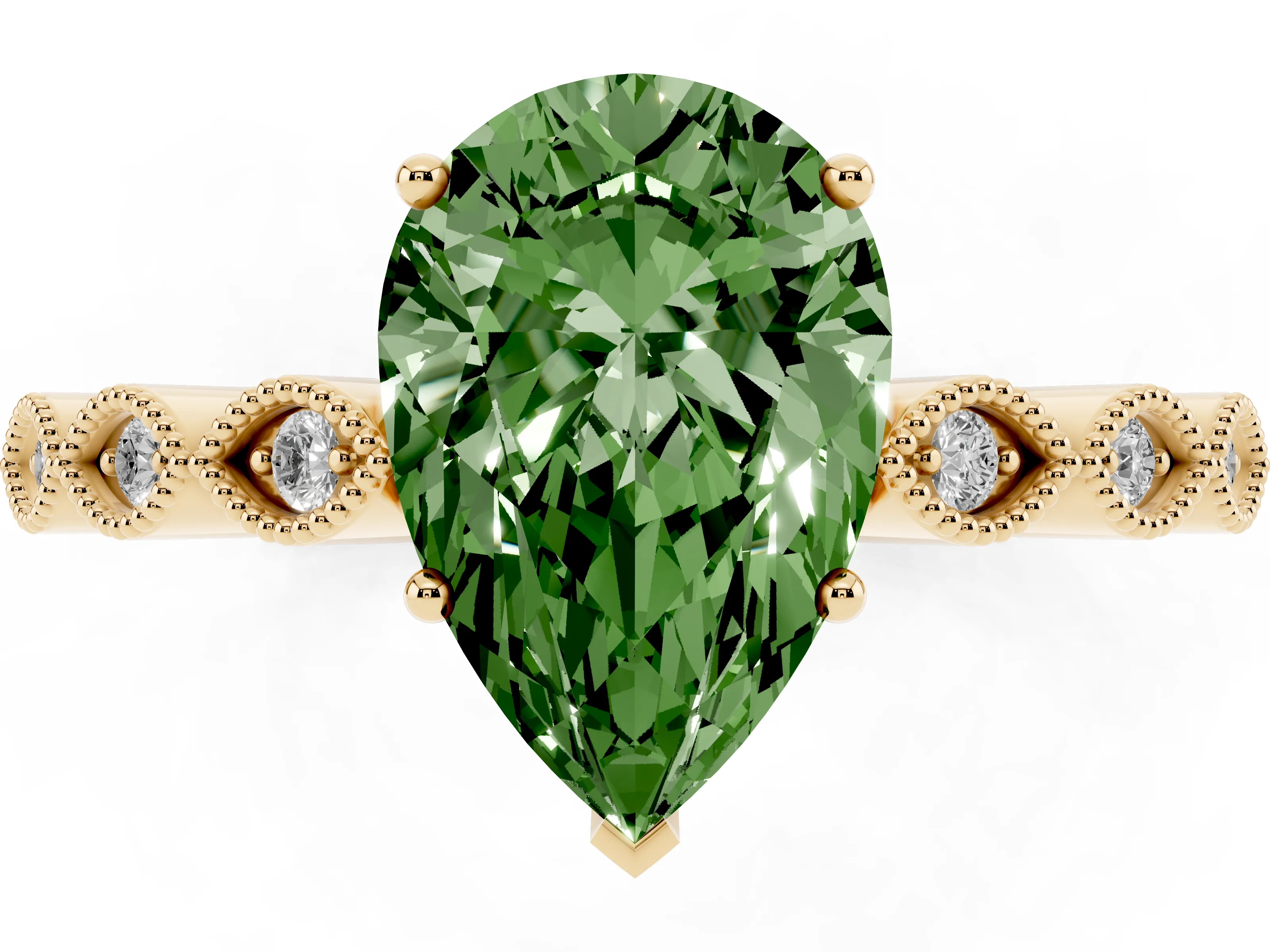 Fancy Green Pear Cut Diamond Solitaire Ring Set in Yellow gold with Infinity Twist Pavé Band