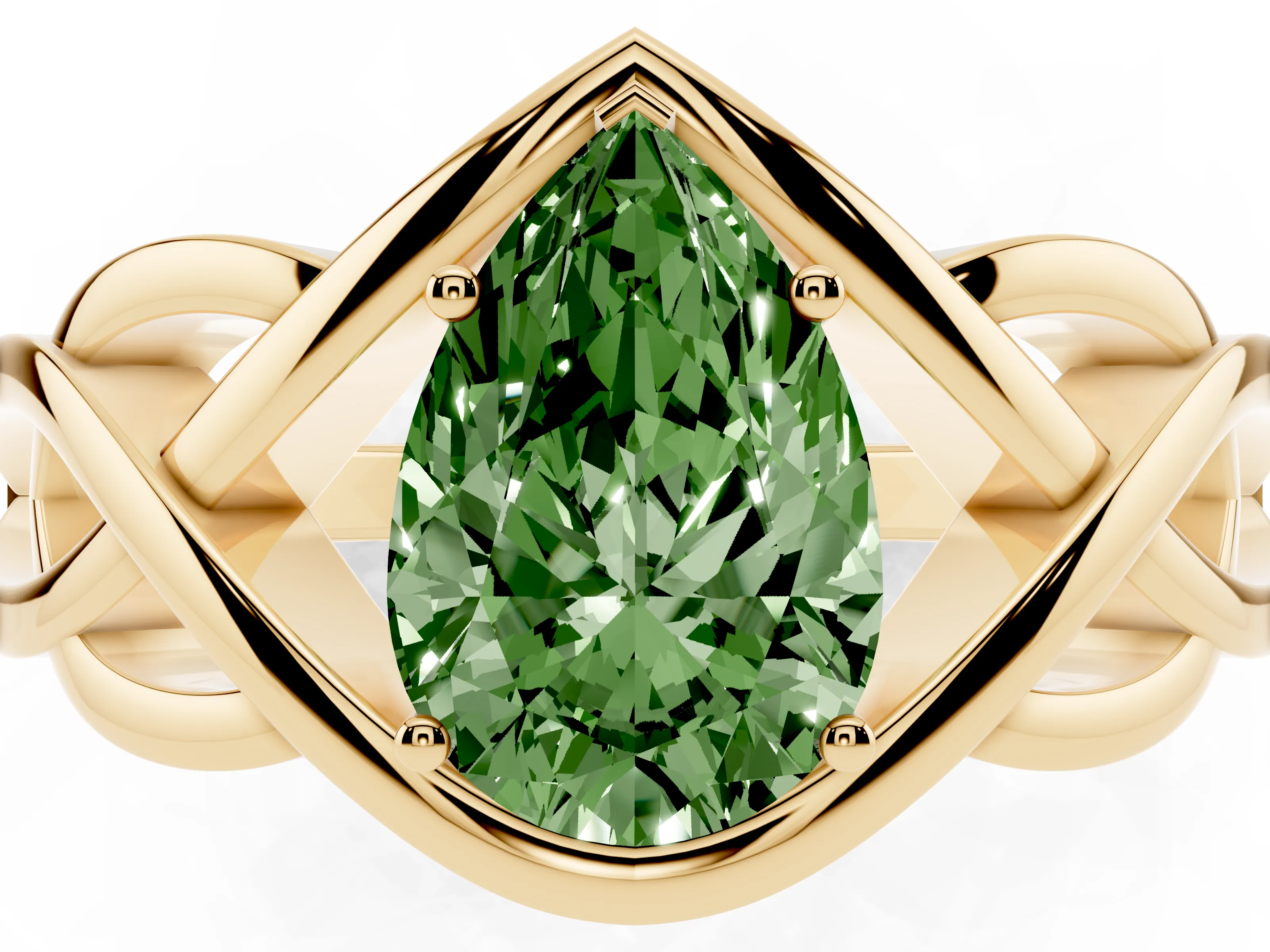 Fancy Green Pear Cut Diamond Solitaire Ring Set in Yellow gold with Intertwined Band