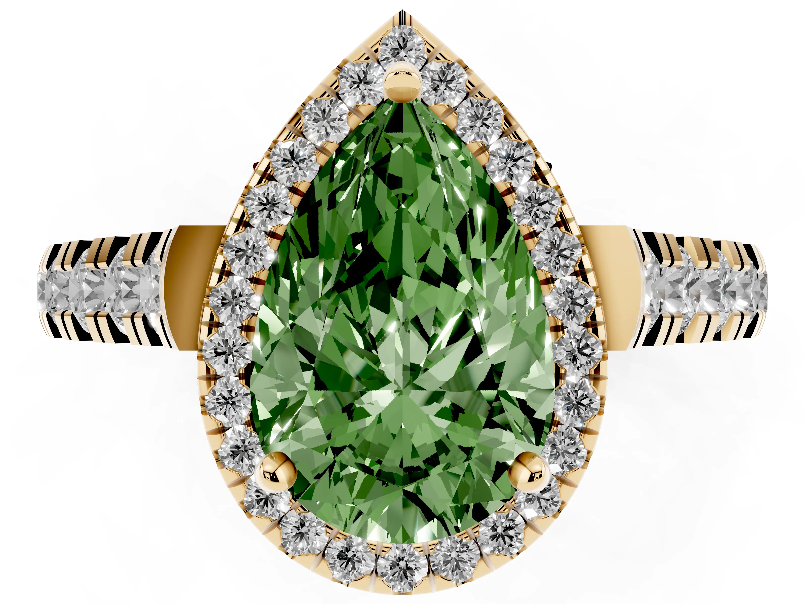 Fancy Green Pear Cut Diamond Halo Engagement Ring Set in Yellow gold with Pavé Band and Prong-Set Center