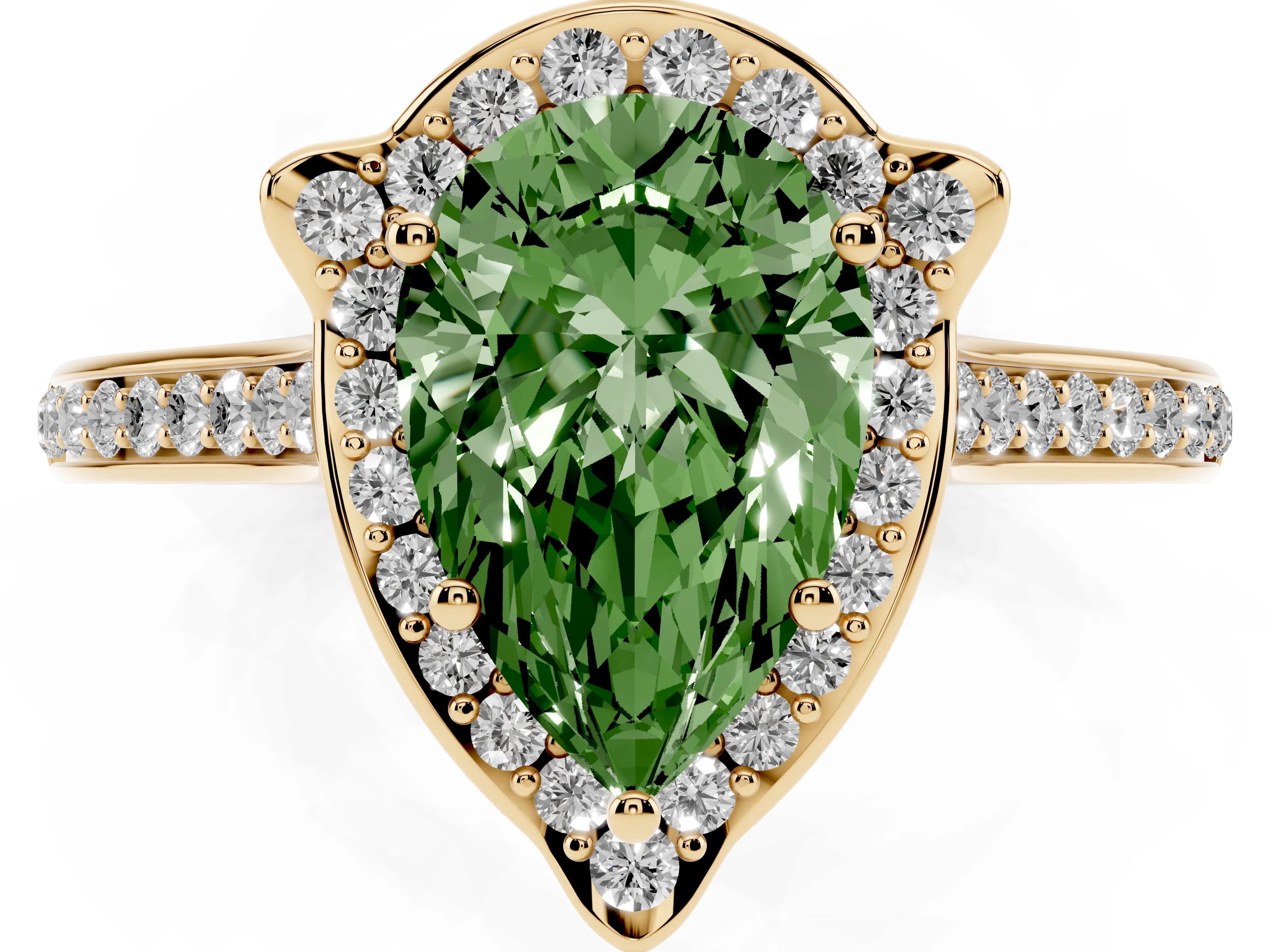 Fancy Green Pear Cut Diamond Halo Ring Set in Yellow gold with Pavé-Lined Shoulders and Prong Setting