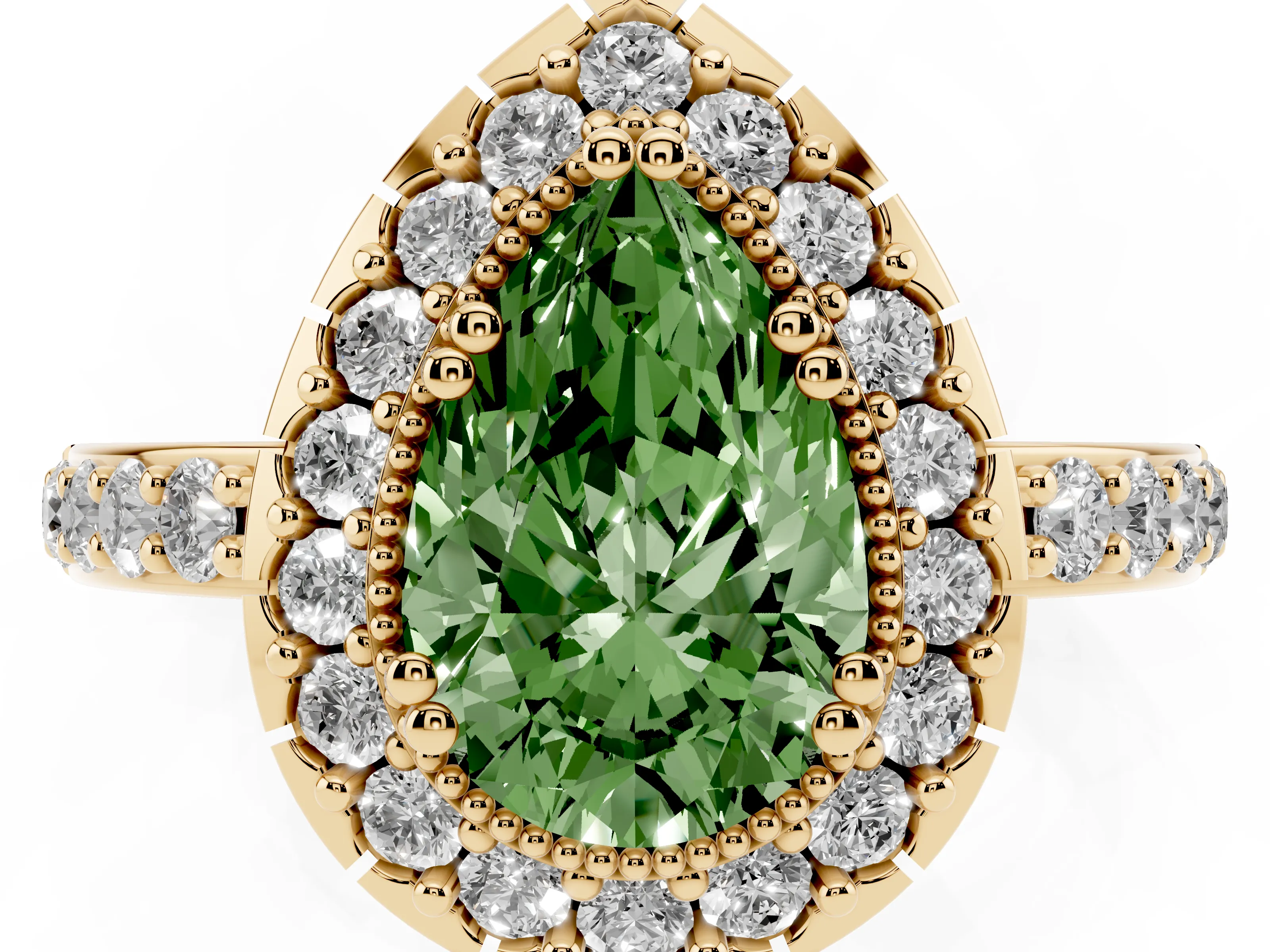 Fancy Green Pear Cut Diamond Halo Ring Set in Yellow gold with Pavé Shank and Prong Setting
