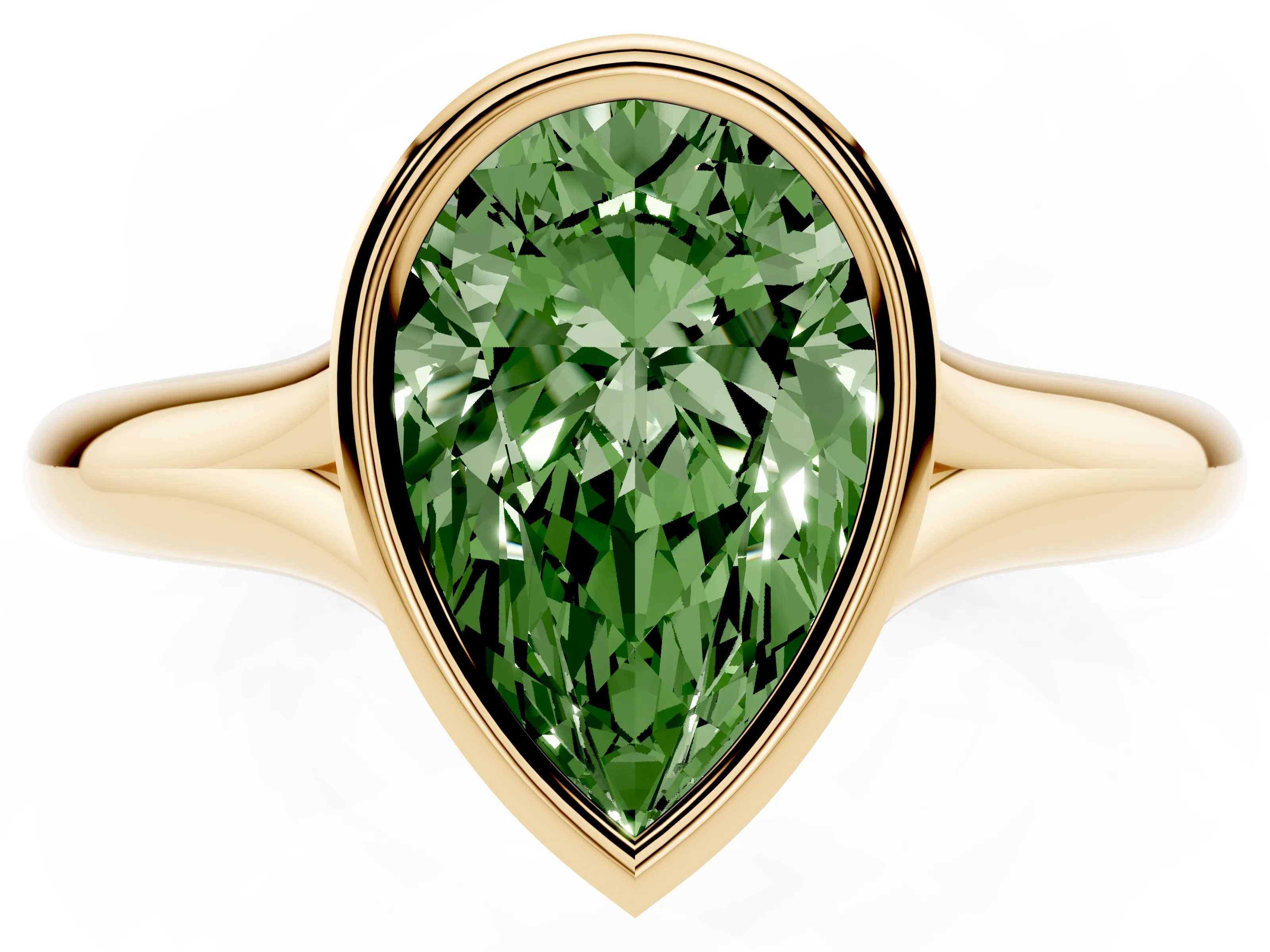 Fancy Green Bezel Set Pear Cut Diamond Solitaire Ring Set in Yellow gold with Smooth Band