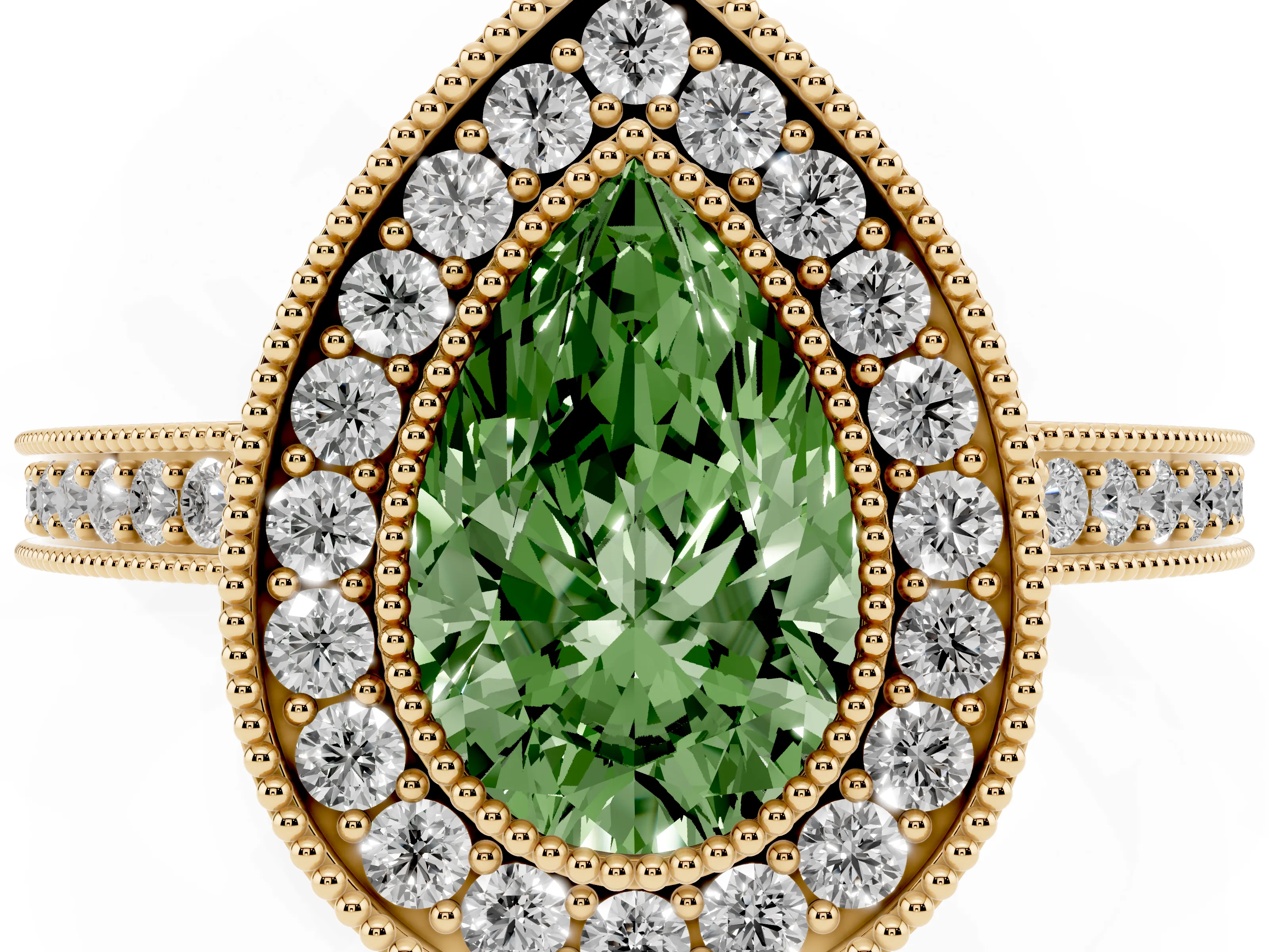 Fancy Green Pear Cut Diamond Round Halo Ring Set in Yellow gold with Pavé Band