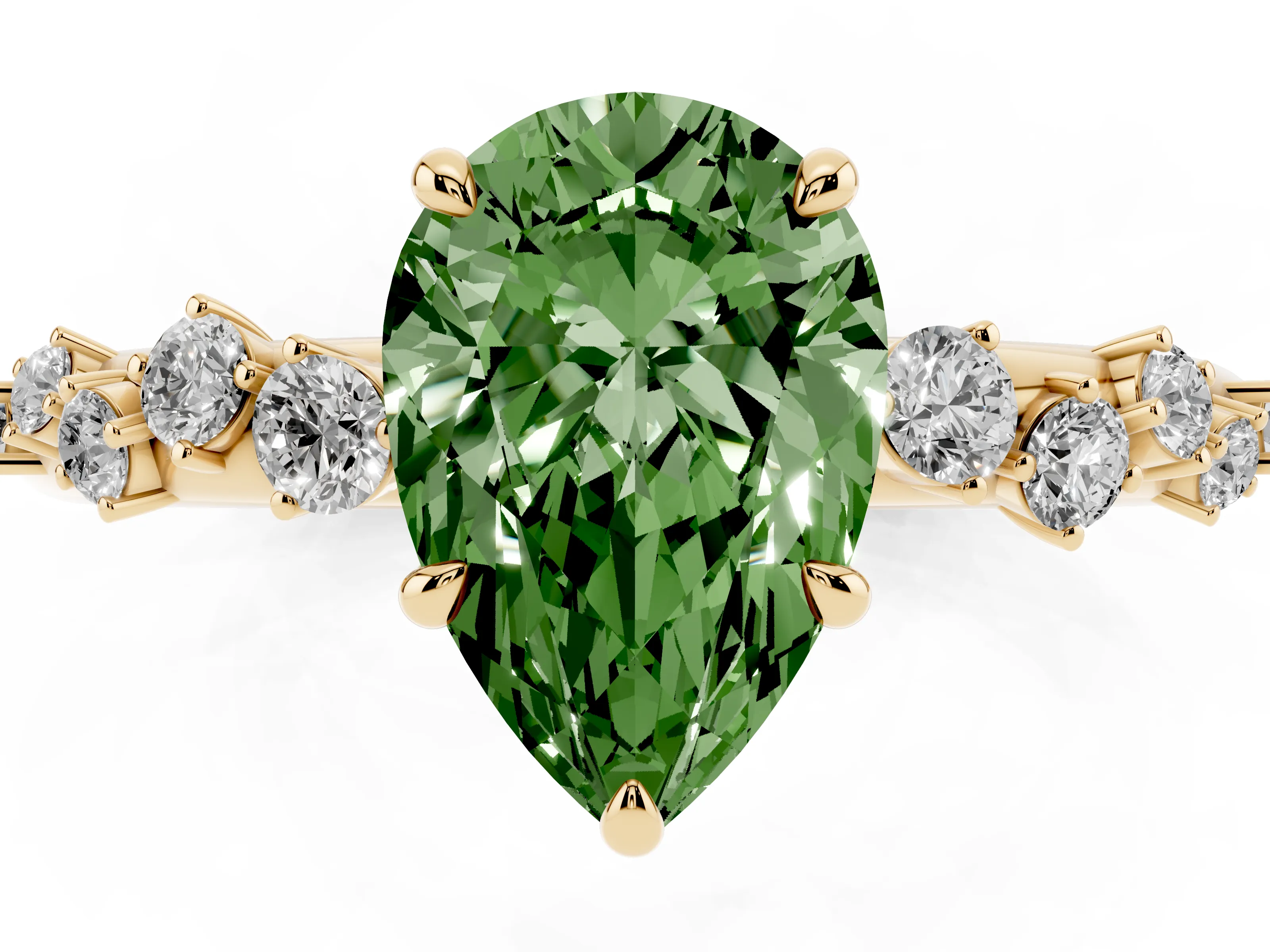 Fancy Green Pear Cut Diamond Cluster Solitaire Ring Set in Yellow gold with Prong Setting