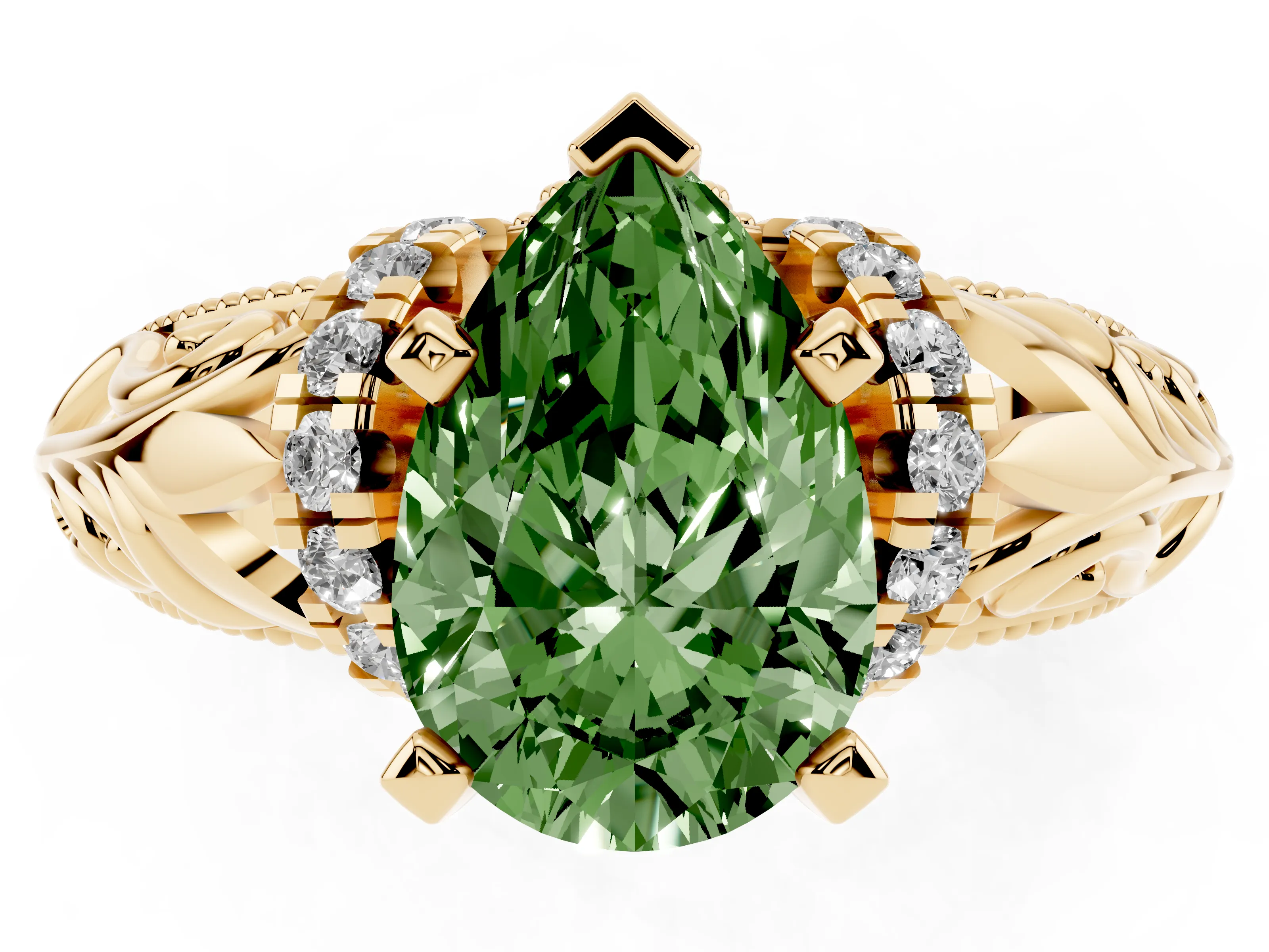 Fancy Green Pear Cut Diamond Filigree Halo Engagement Ring Set in Yellow gold with Prong Setting