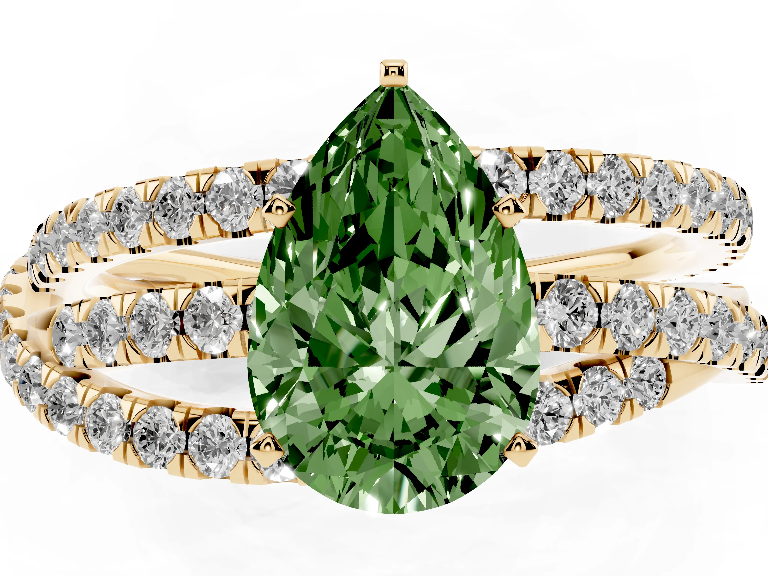 Fancy Green Pear Cut Diamond Solitaire Twist Band Ring Set in Yellow gold with Pavé Setting and Prong Head