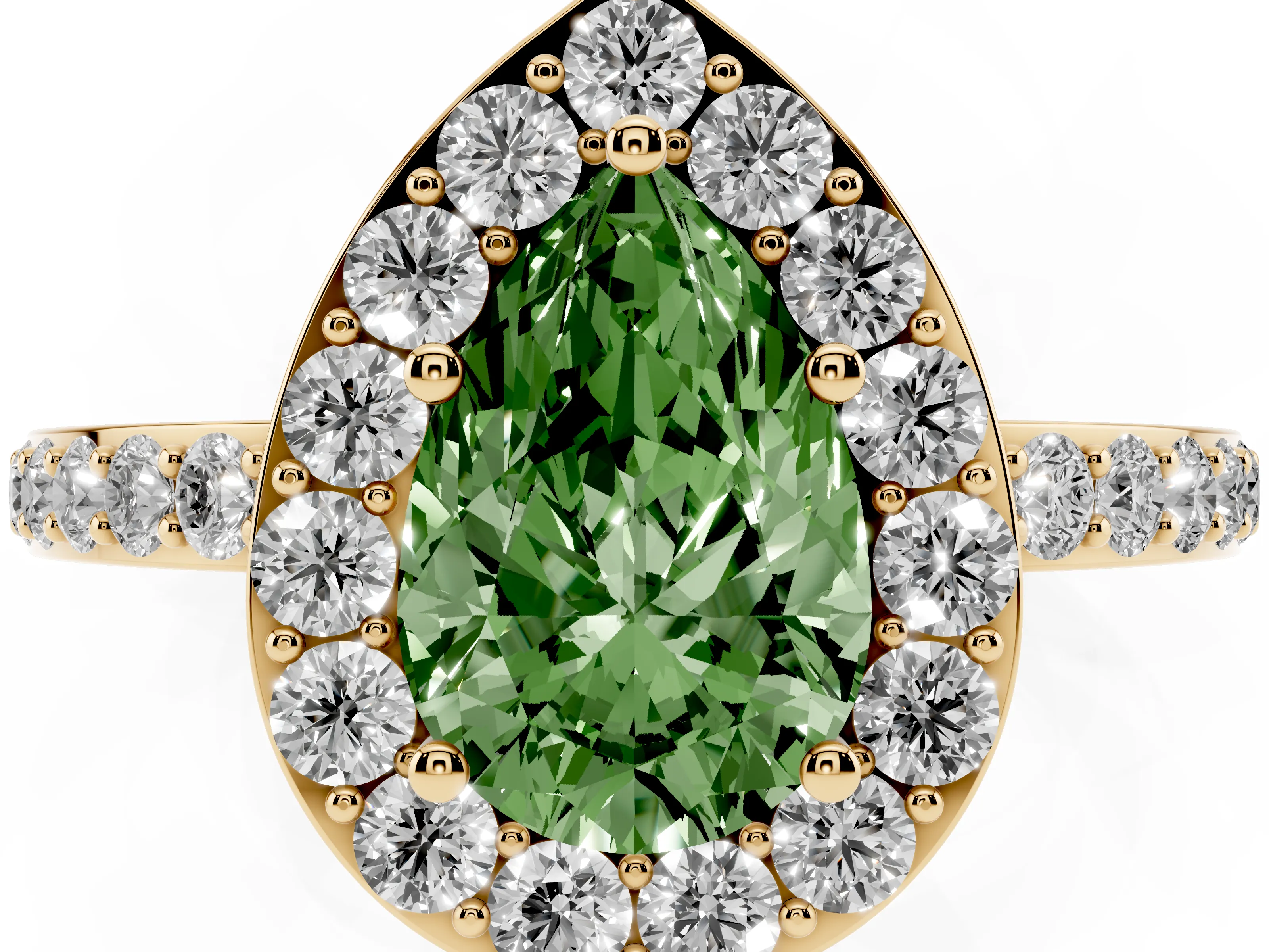 Fancy Green Pear Cut Diamond Halo Ring Set in Yellow gold with Pavé-Setting Band and Open Prong Center