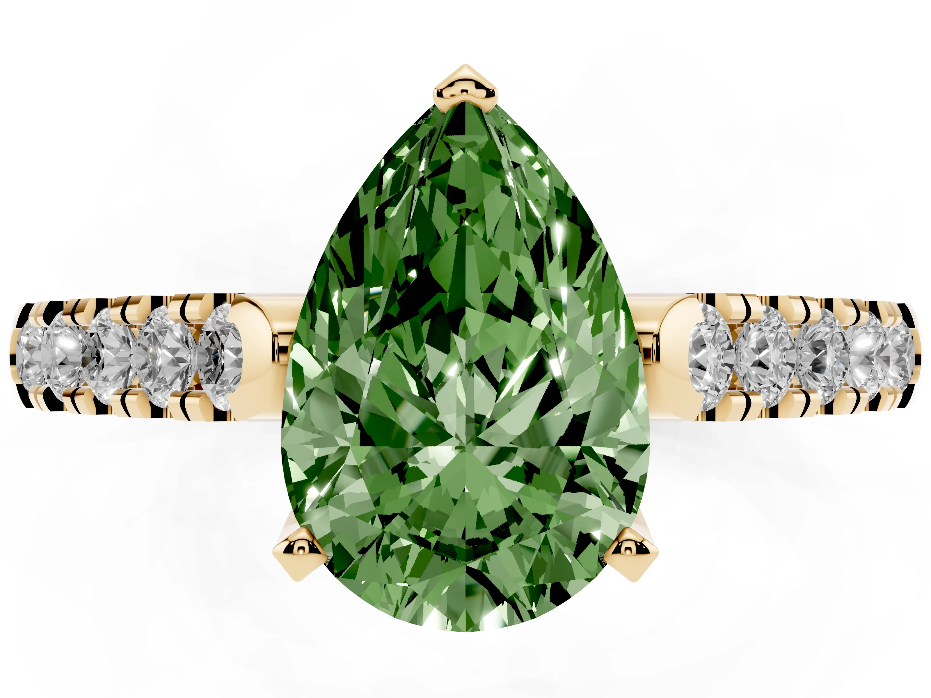 Fancy Green Pear Cut Diamond Pavé Band Solitaire Ring Set in Yellow gold with Partway Accent Stones and Prong Setting