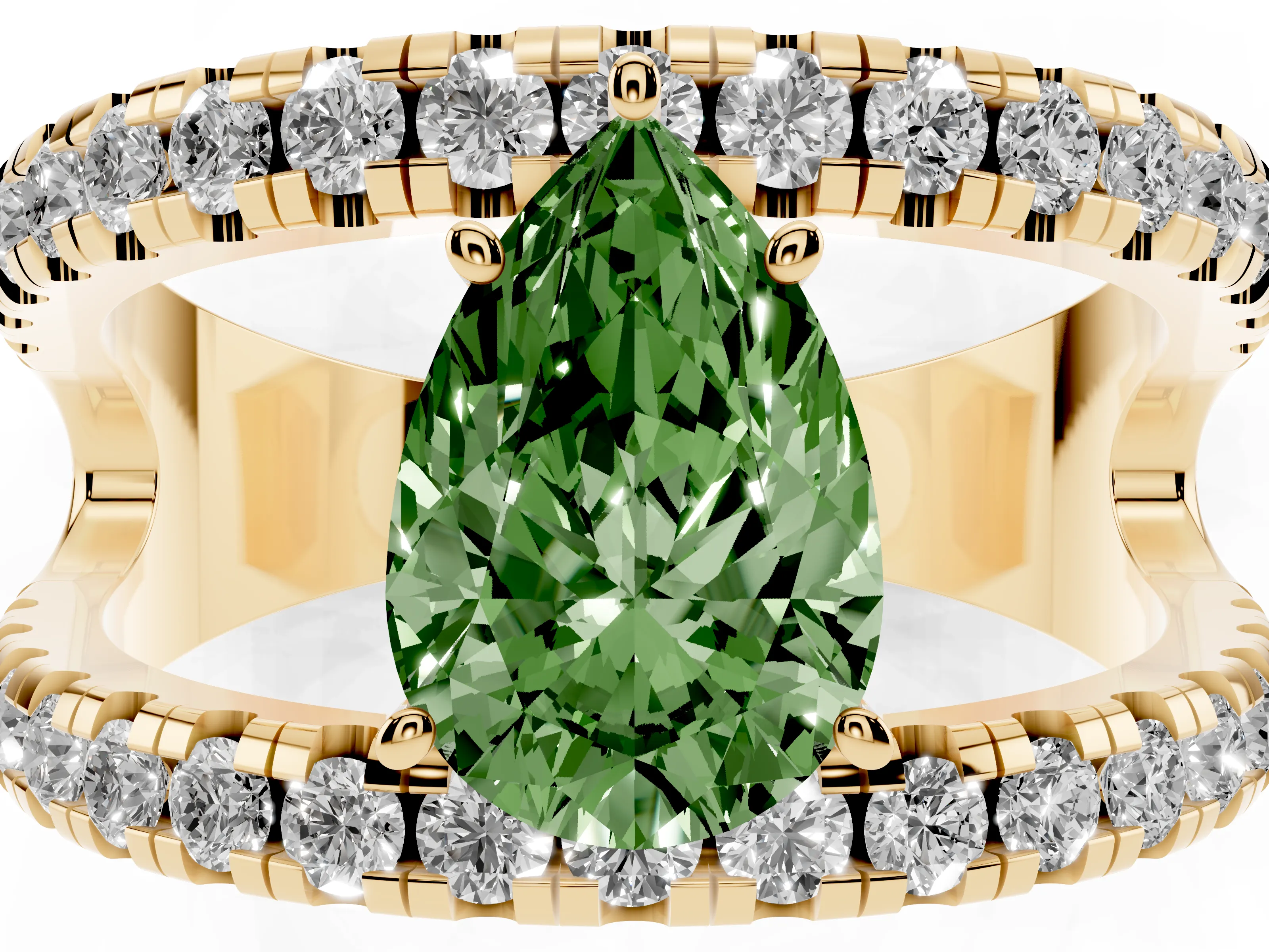 Fancy Green Pear Cut Diamond Split Shank Pavé Solitaire Ring Set in Yellow gold with Open Shank Design