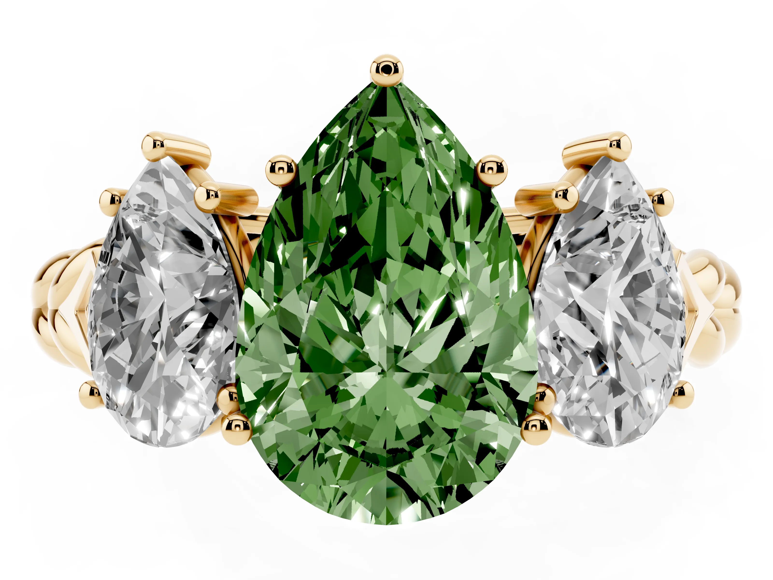 Fancy Green Pear Cut Diamond Three-Stone Ring Set in Yellow gold with Braided Band
