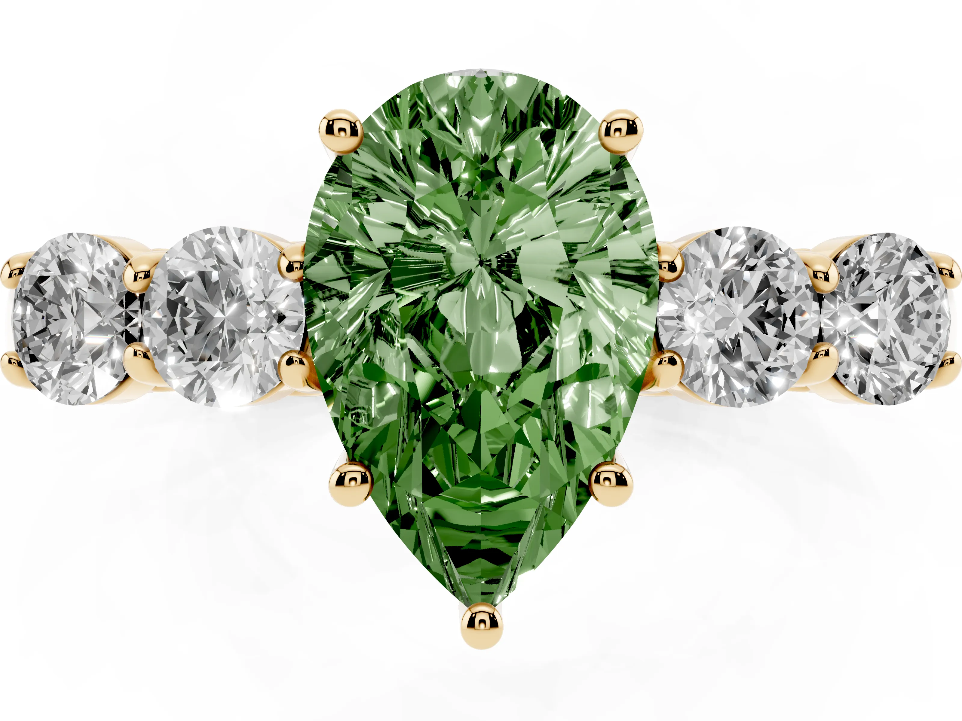 Fancy Green Pear Cut Diamond Five-Stone Prong Set Band Ring Set in Yellow gold with Polished Band