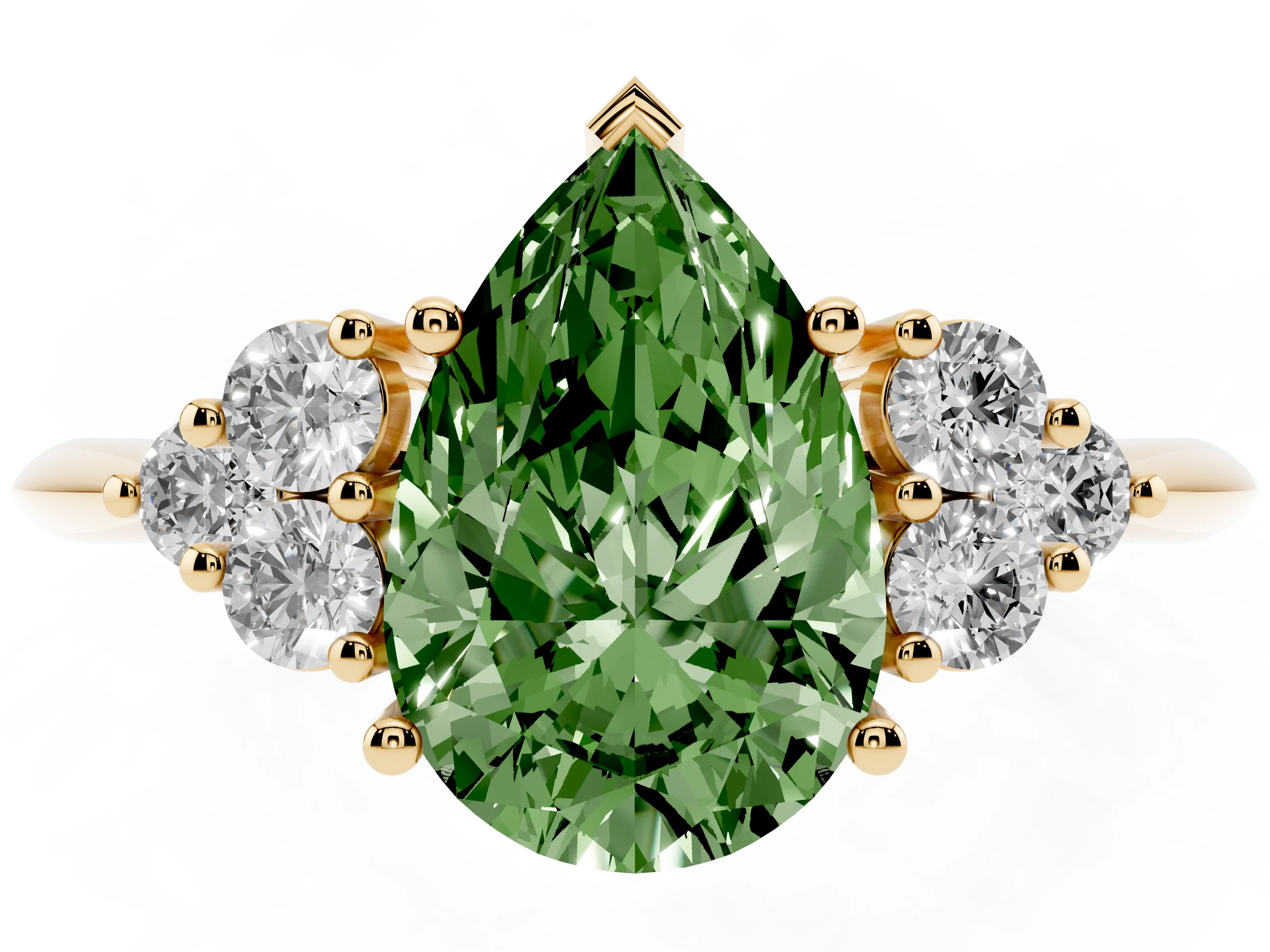 Fancy Green Pear Cut Diamond Cluster Ring Set in Yellow gold with Plain Band and Prong Setting