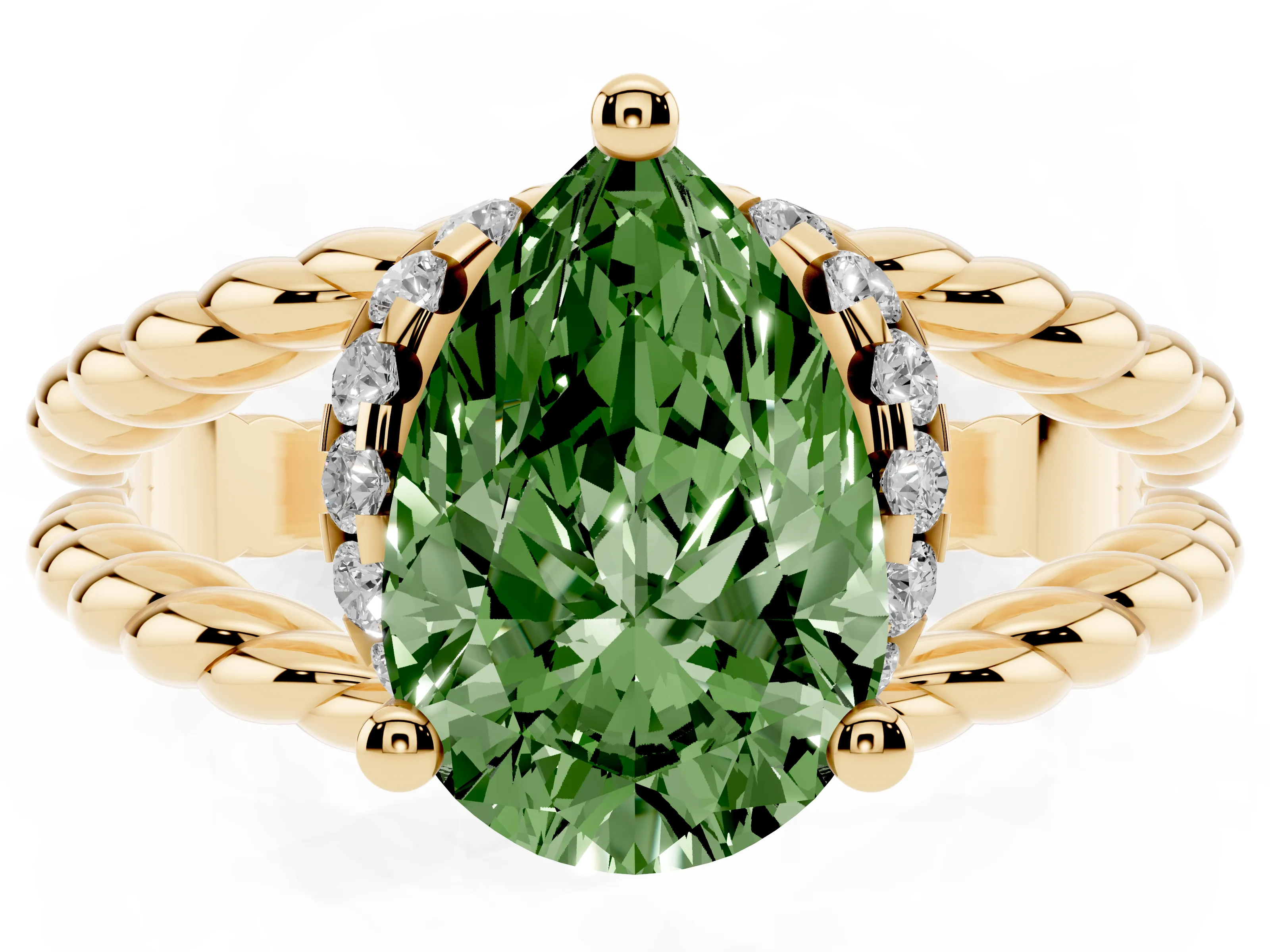 Fancy Green Pear Cut Diamond Halo Ring Set in Yellow gold with Twisted Band and Prong Setting