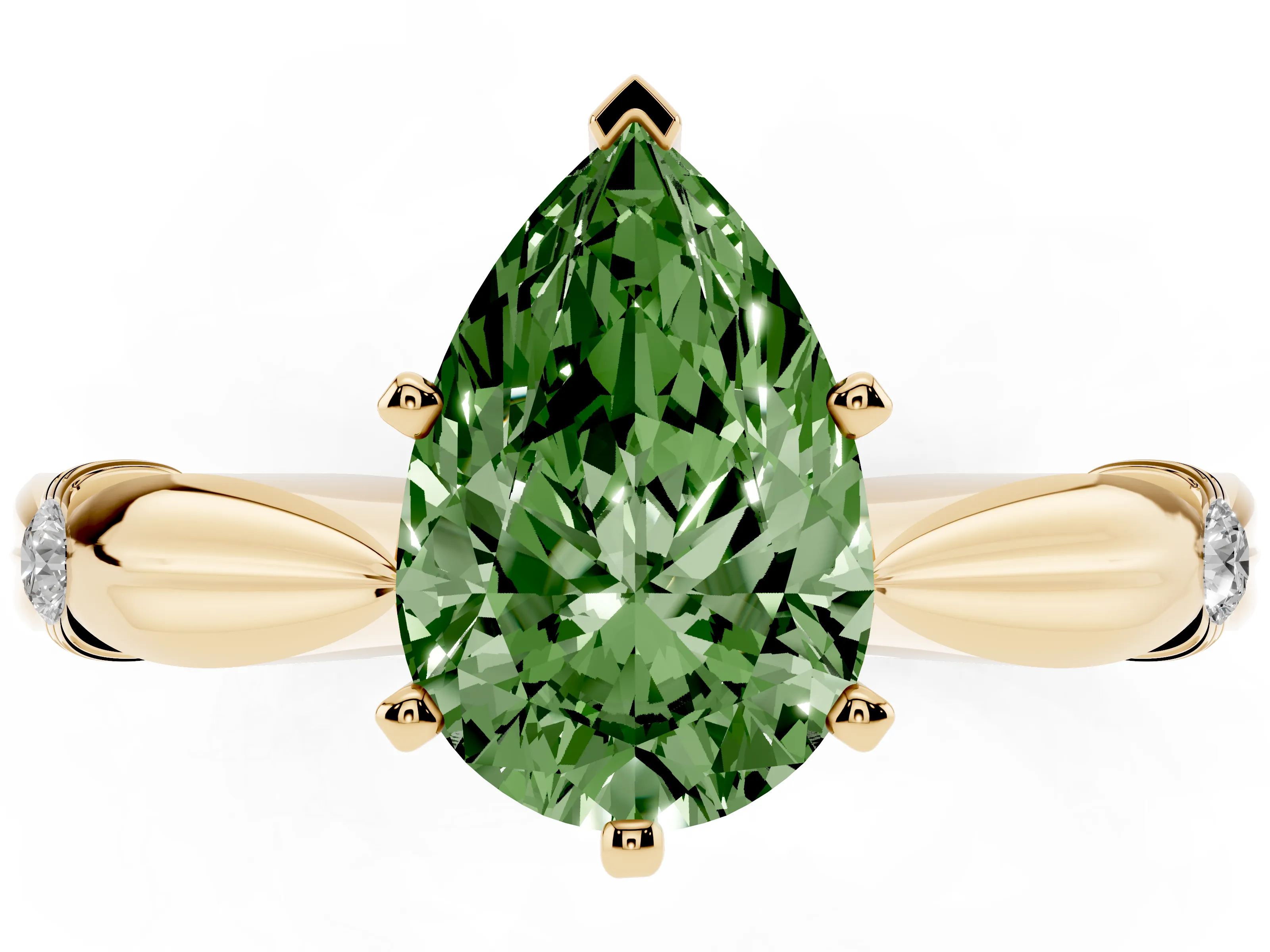 Fancy Green Pear Cut Diamond Solitaire Twisted Band Ring Set in Yellow gold with Accent Stones and Prong Setting