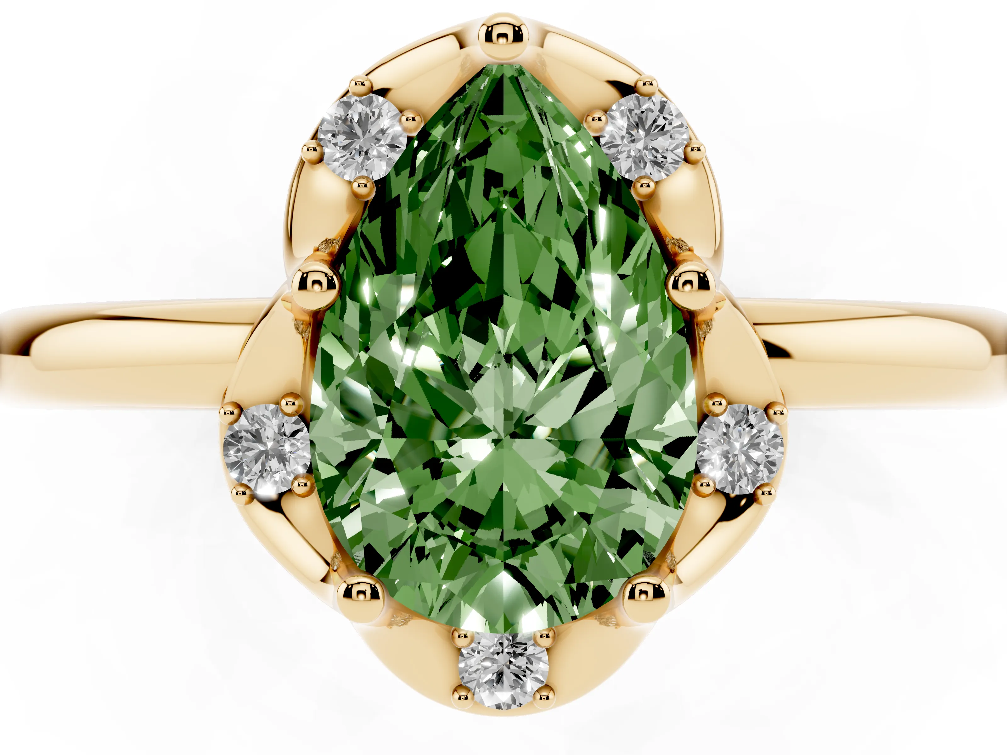 Fancy Green Pear Cut Diamond Round Cluster Halo Ring Set in Yellow gold with Solitaire Band and Prong Setting