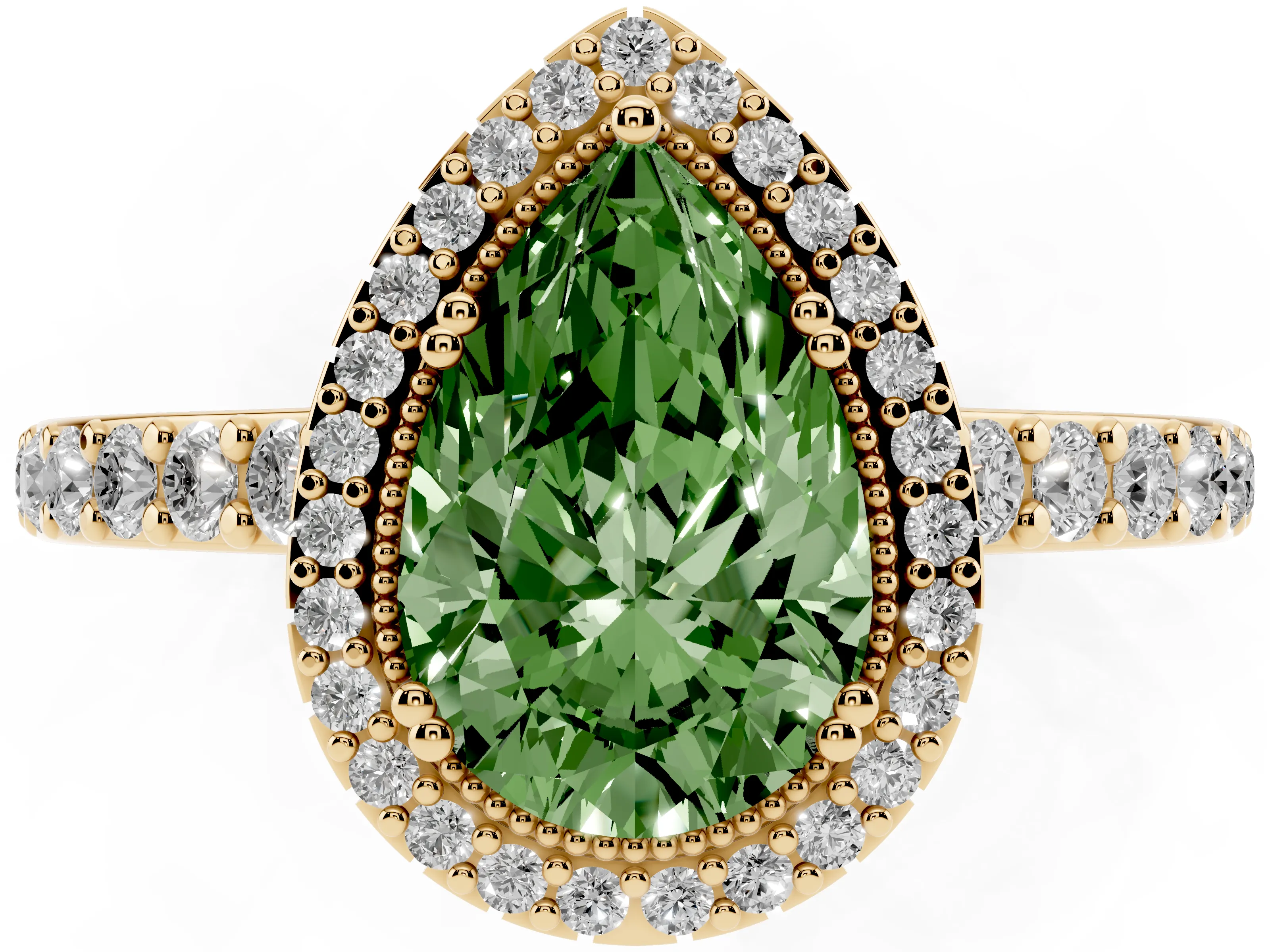 Fancy Green Pear Cut Diamond Halo Engagement Ring Set in Yellow gold with Milgrain Detail and Pavé Band
