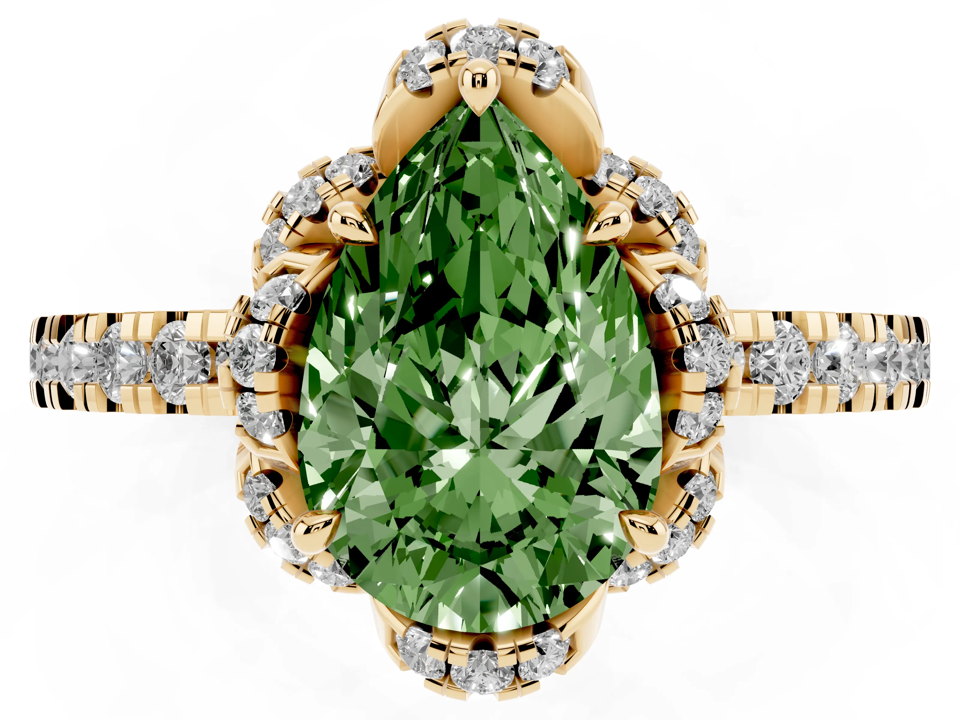 Fancy Green Pear Cut Diamond Halo Pavé Band Ring Set in Yellow gold with Prong-Held Center