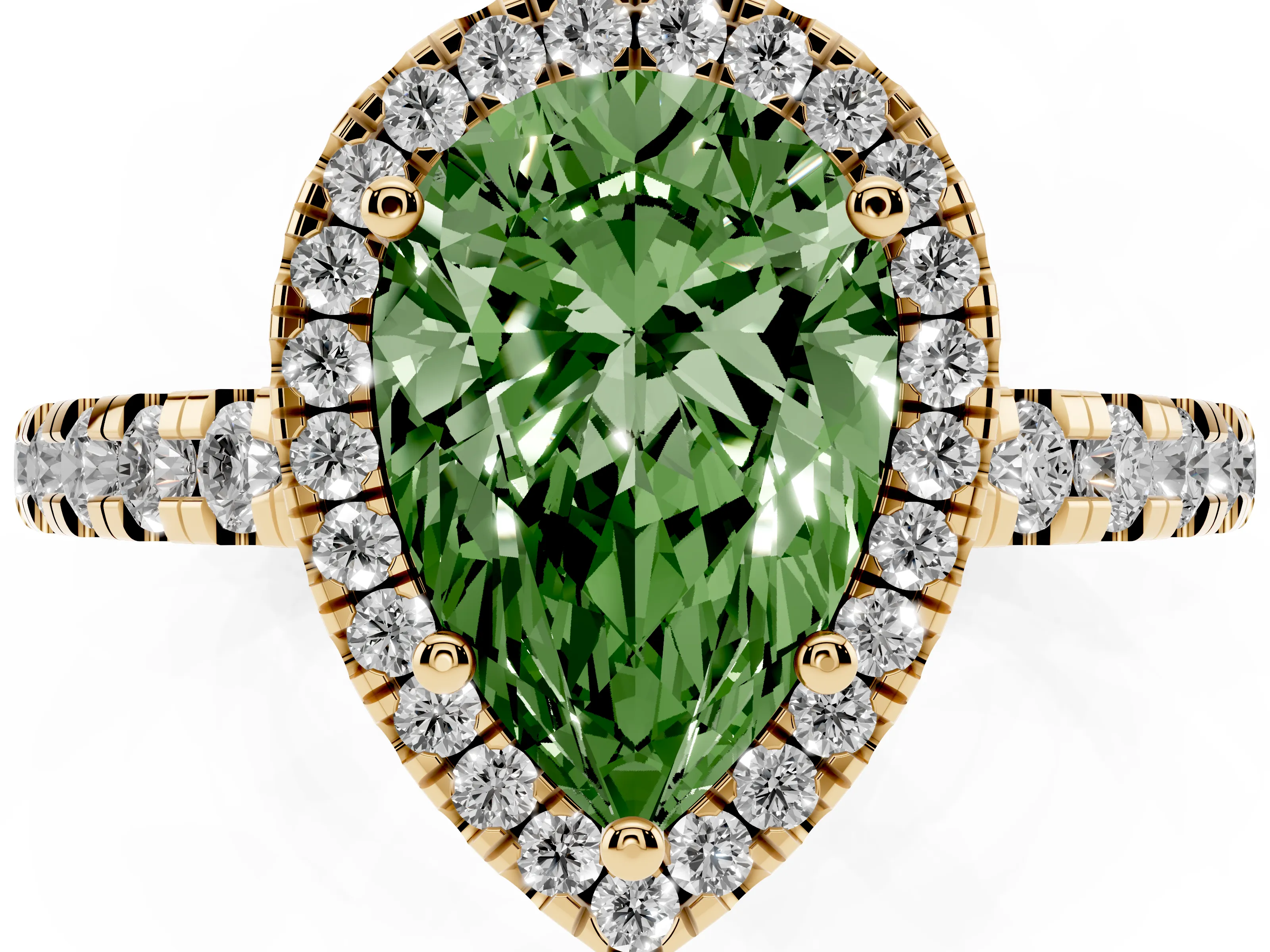 Fancy Green Pear Cut Diamond Halo Ring Set in Yellow gold with Delicate Pavé Band and Prong Setting