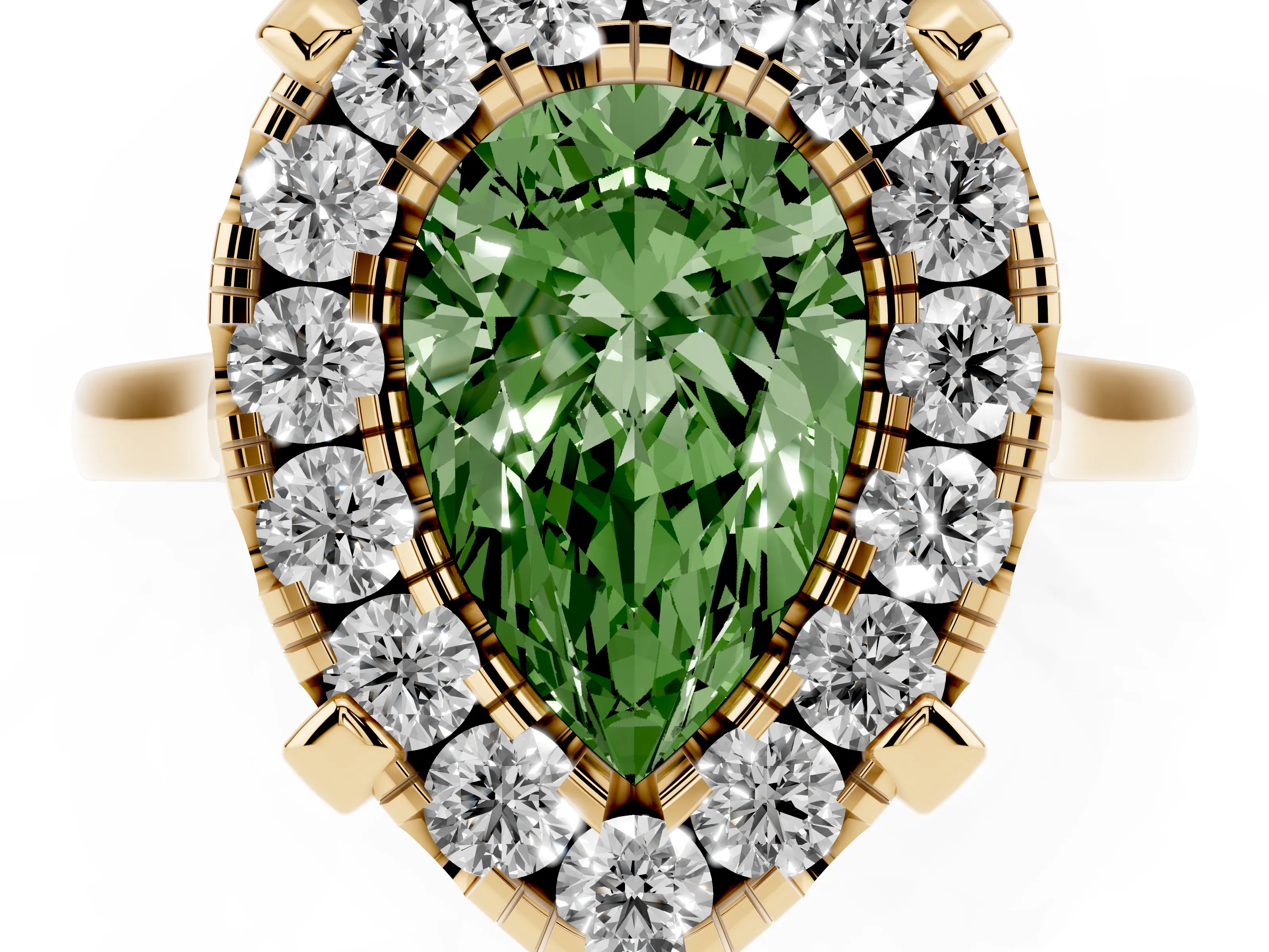 Fancy Green Pear Cut Diamond Cluster Halo Solitaire Ring Set in Yellow gold with Prong Setting