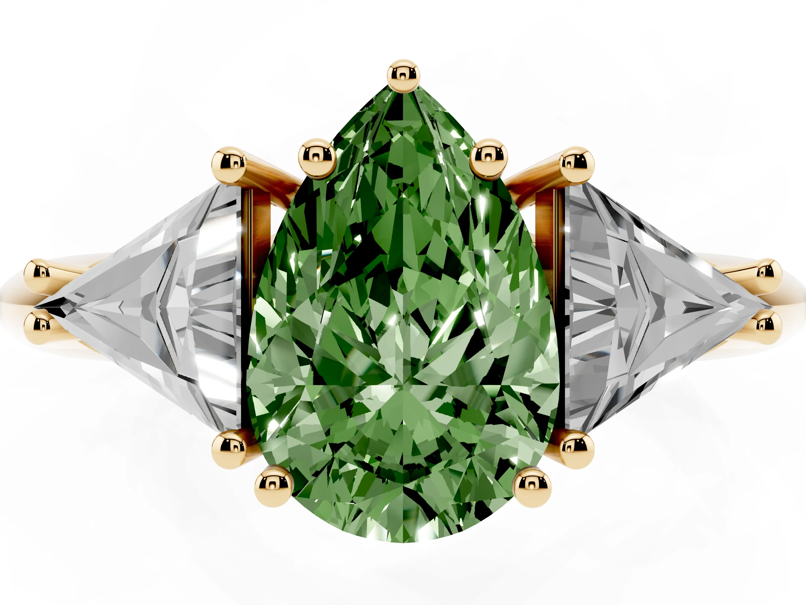 Fancy Green Pear Cut Diamond Three-Stone Engagement Ring Set in Yellow gold with Trillion Side Stones