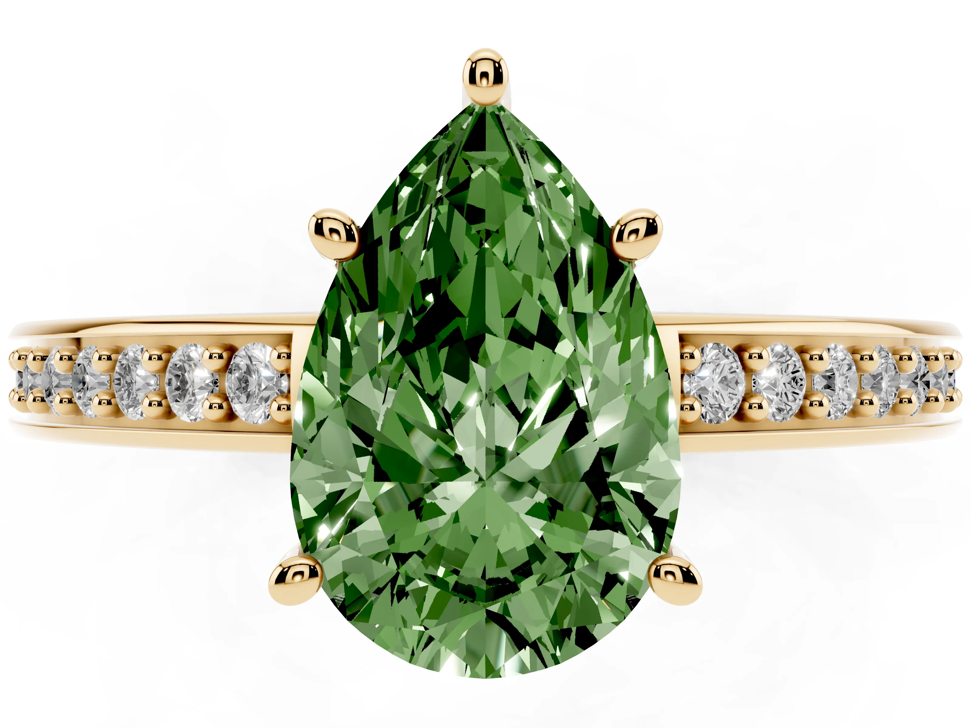 Fancy Green Pear Cut Diamond Pavé Band Prong Set Solitaire Ring Set in Yellow gold