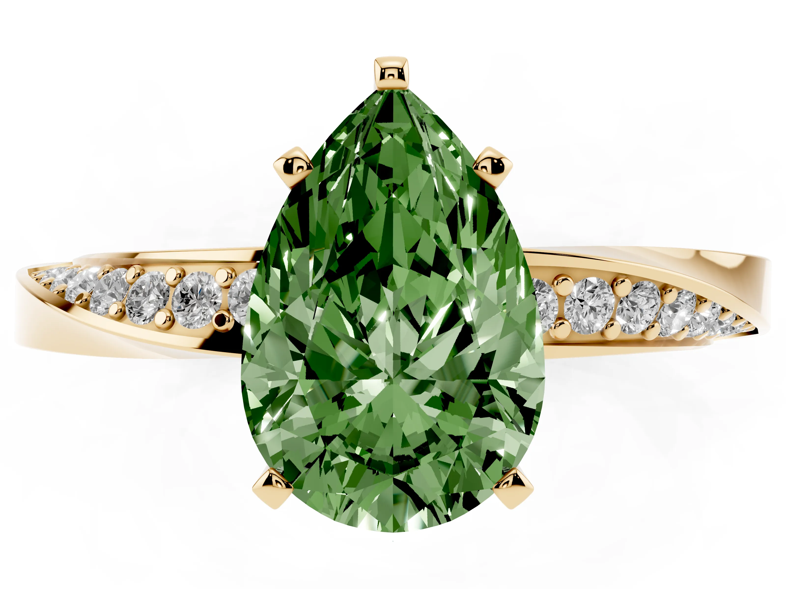 Fancy Green Pear Cut Diamond Engagement Ring Set in Yellow gold with Side Stone Accents and Prong Setting