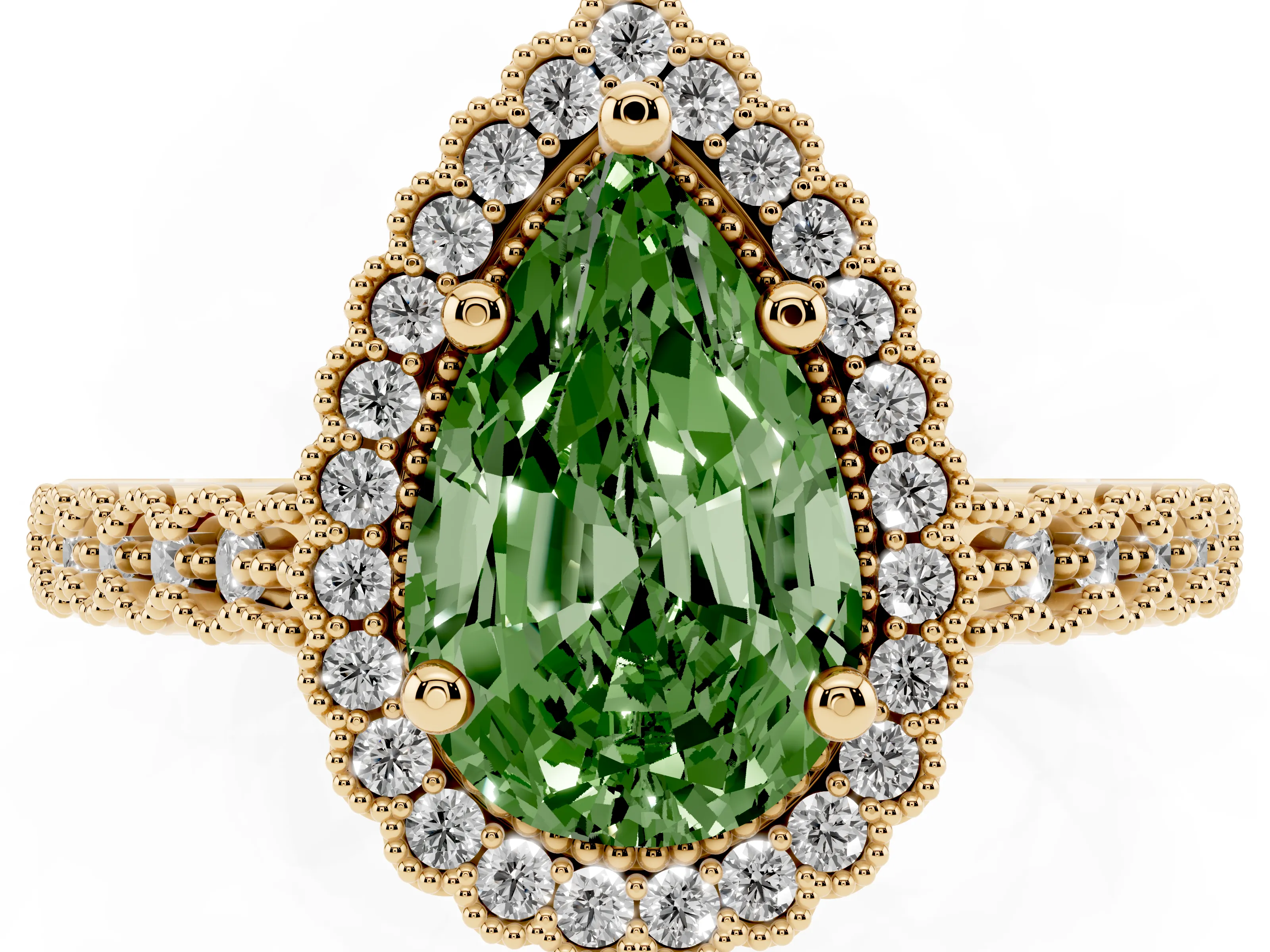 Fancy Green Pear Cut Diamond Halo Ring Set in Yellow gold with Pavé Milgrain Band