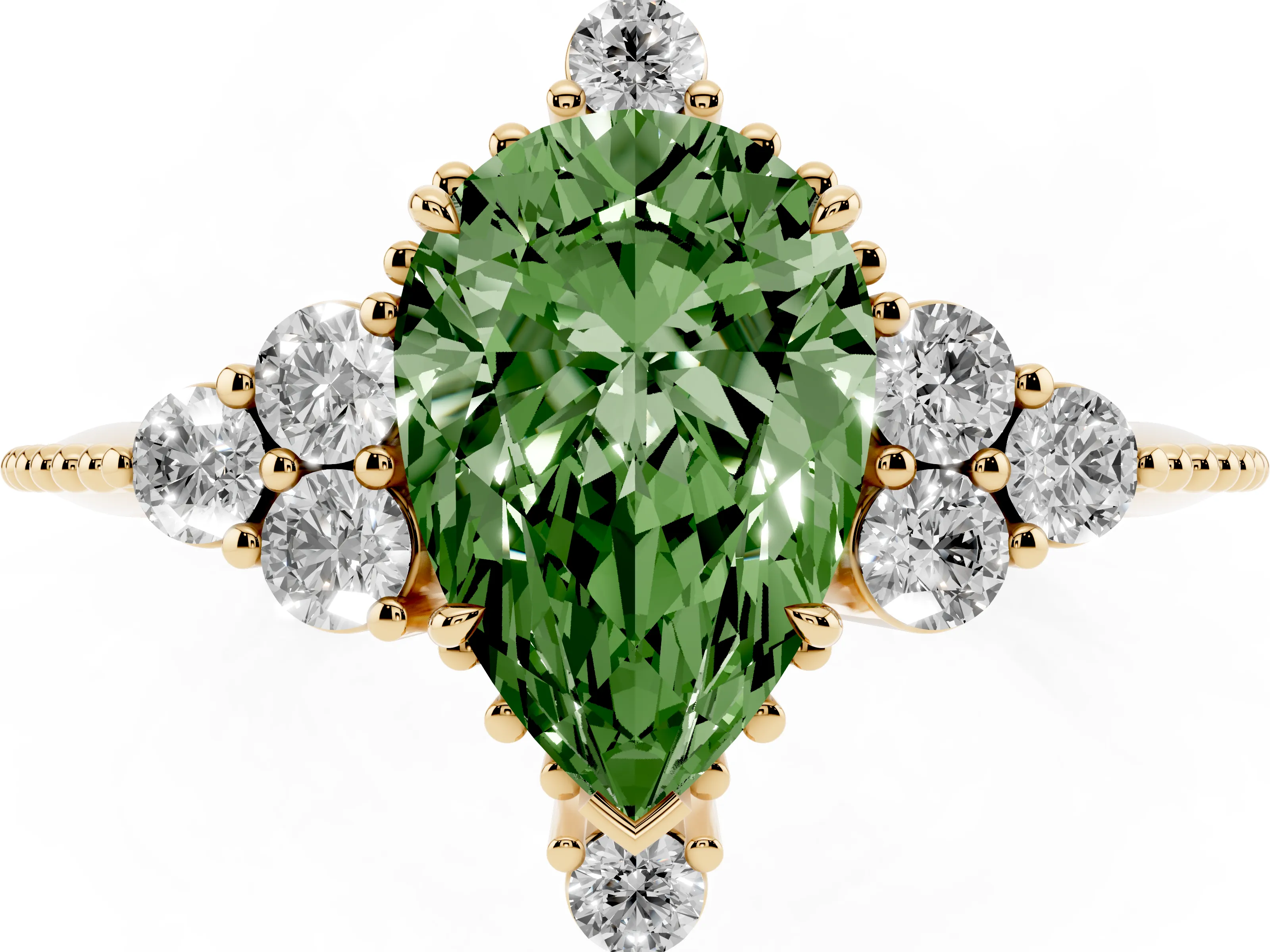 Fancy Green Pear Cut Diamond Cluster Ring Set in Yellow gold with Beaded Band