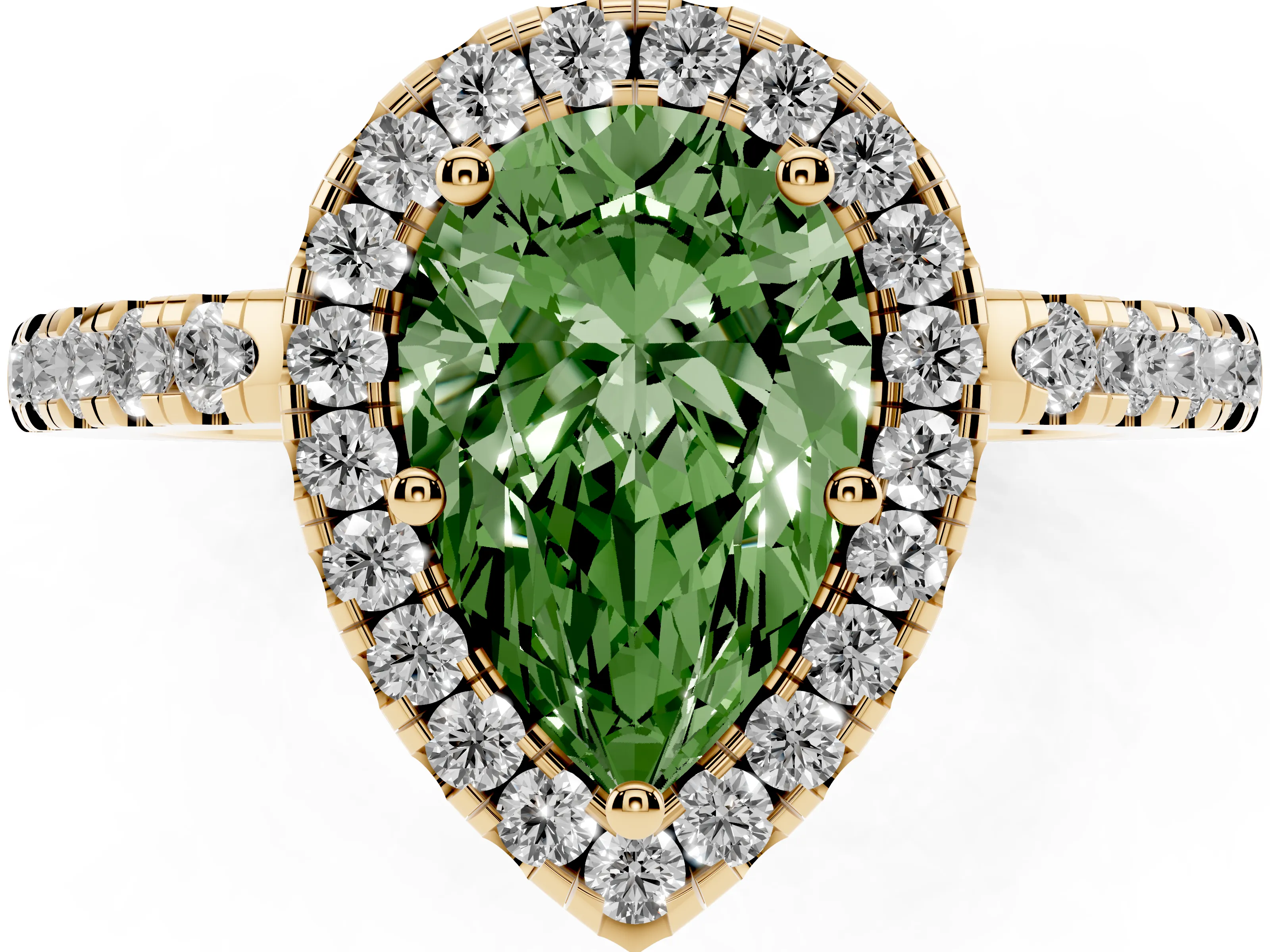 Fancy Green Pear Cut Diamond Pavé Band Halo Engagement Ring Set in Yellow gold with Prong Setting