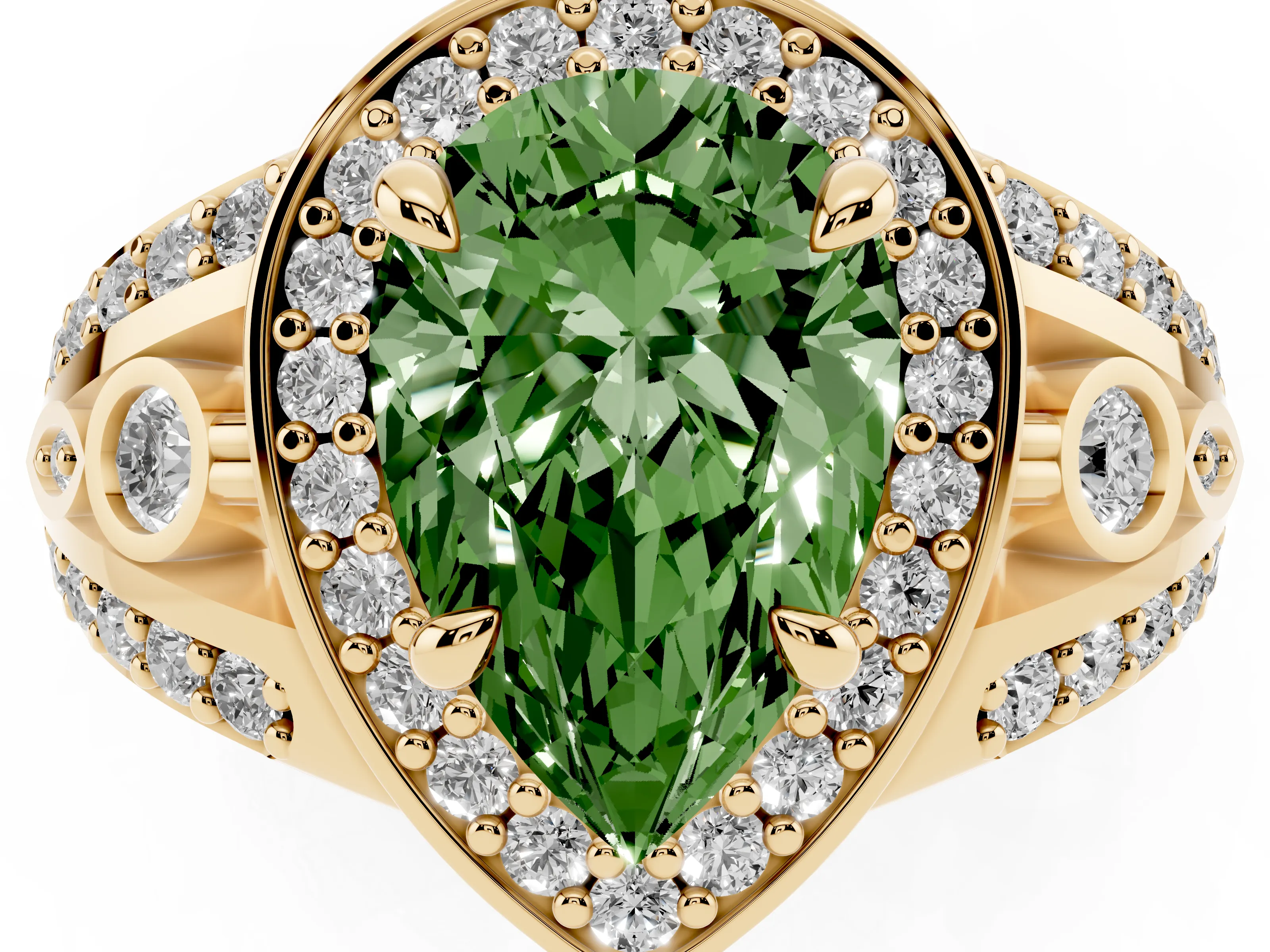 Fancy Green Pear Cut Diamond Halo Ring Set in Yellow gold with Pavé Split Shank and Bezel Accents