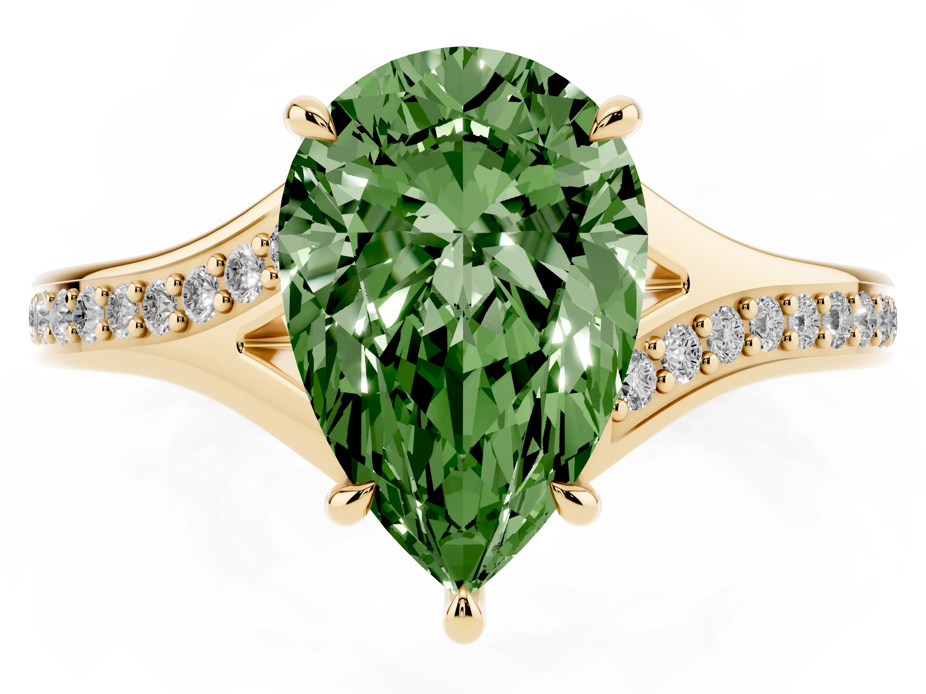 Fancy Green Pear Cut Diamond Solitaire Ring Set in Yellow gold with Pavé Accent Band and Classic Prong Setting