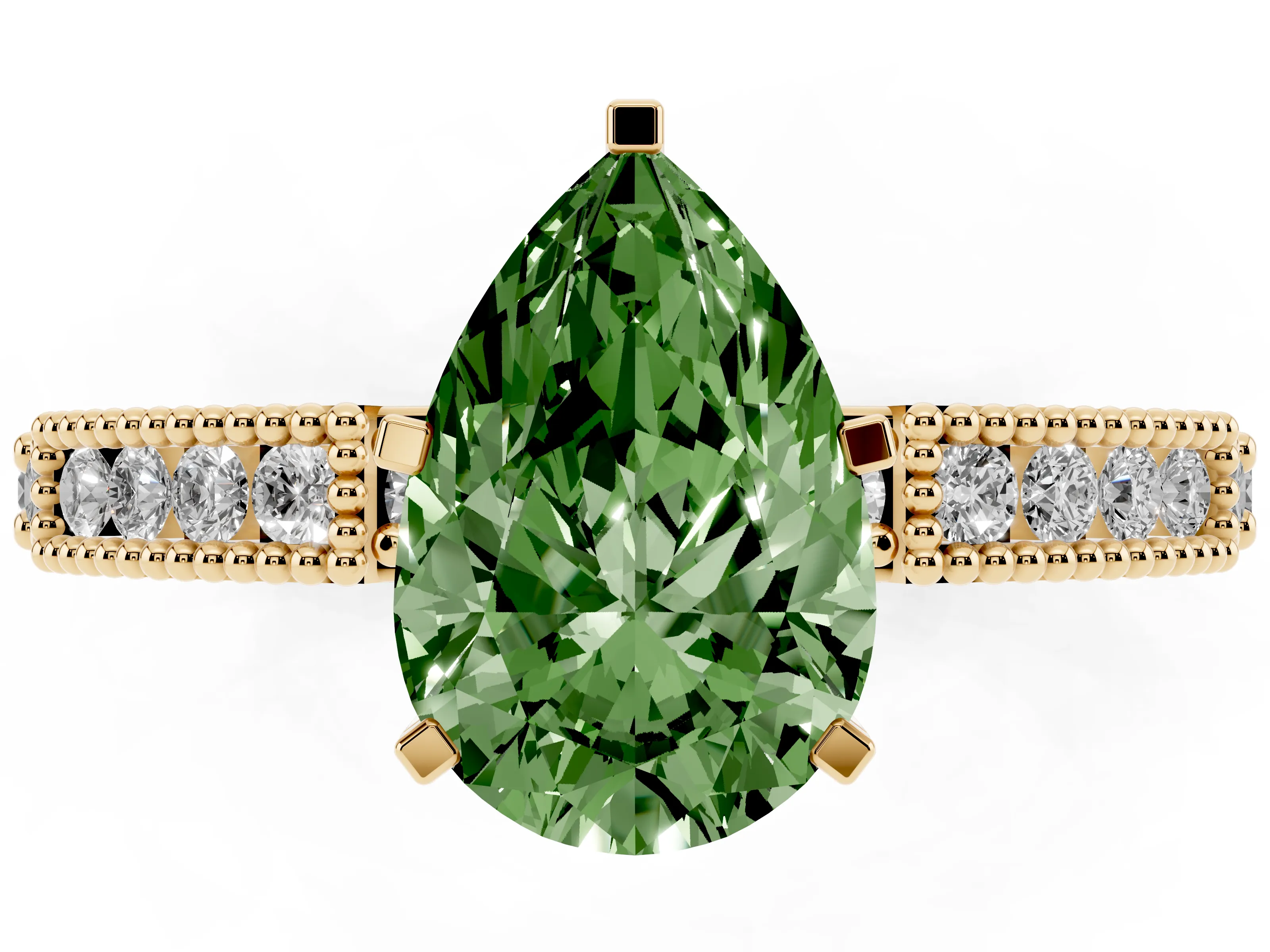 Fancy Green Pear Cut Diamond Solitaire Ring Set in Yellow gold with Slim Pavé Band and Prong Setting