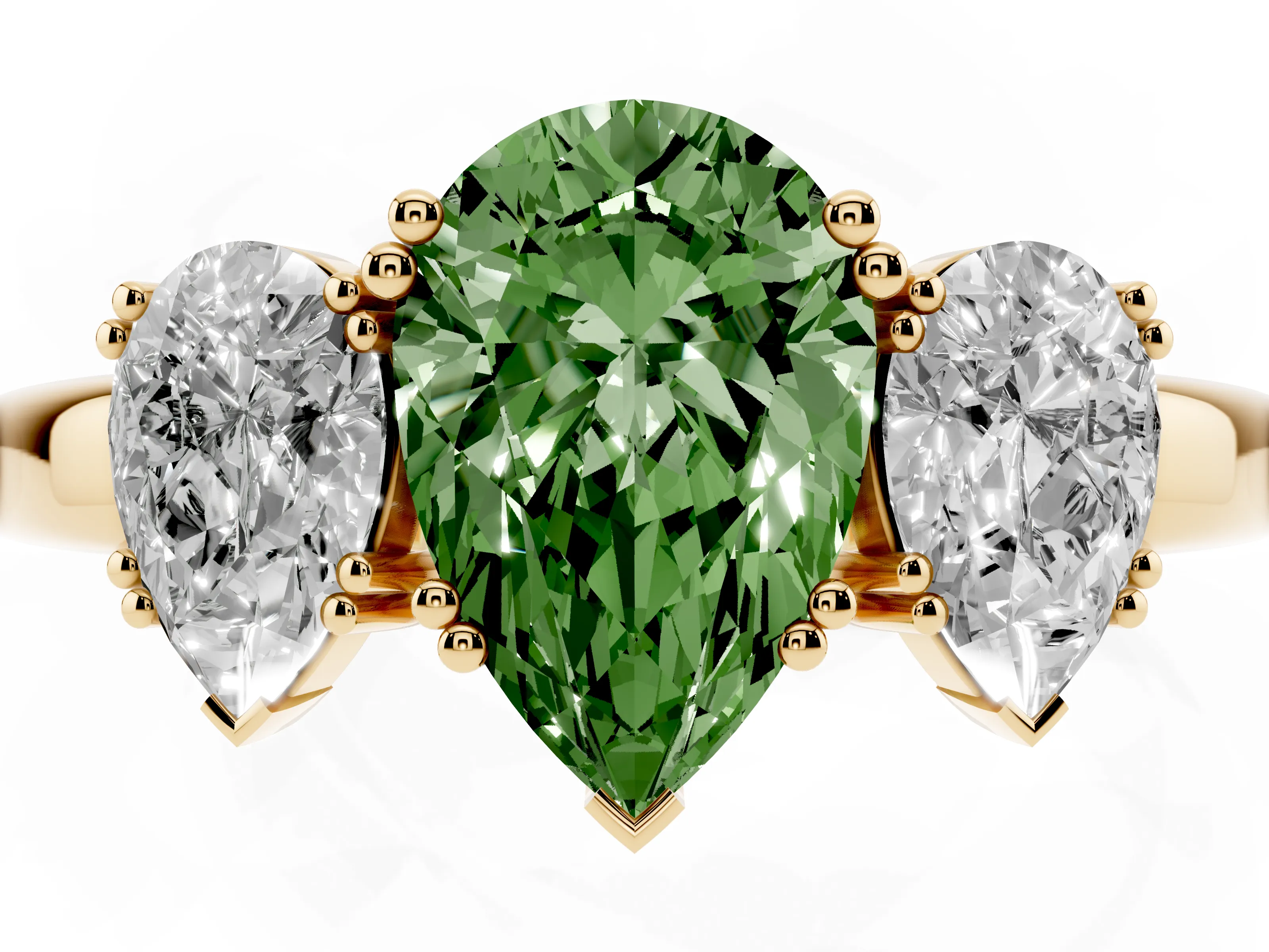 Fancy Green Pear Cut Diamond Three-Stone Ring Set in Yellow gold with Polished Channel-Set Band