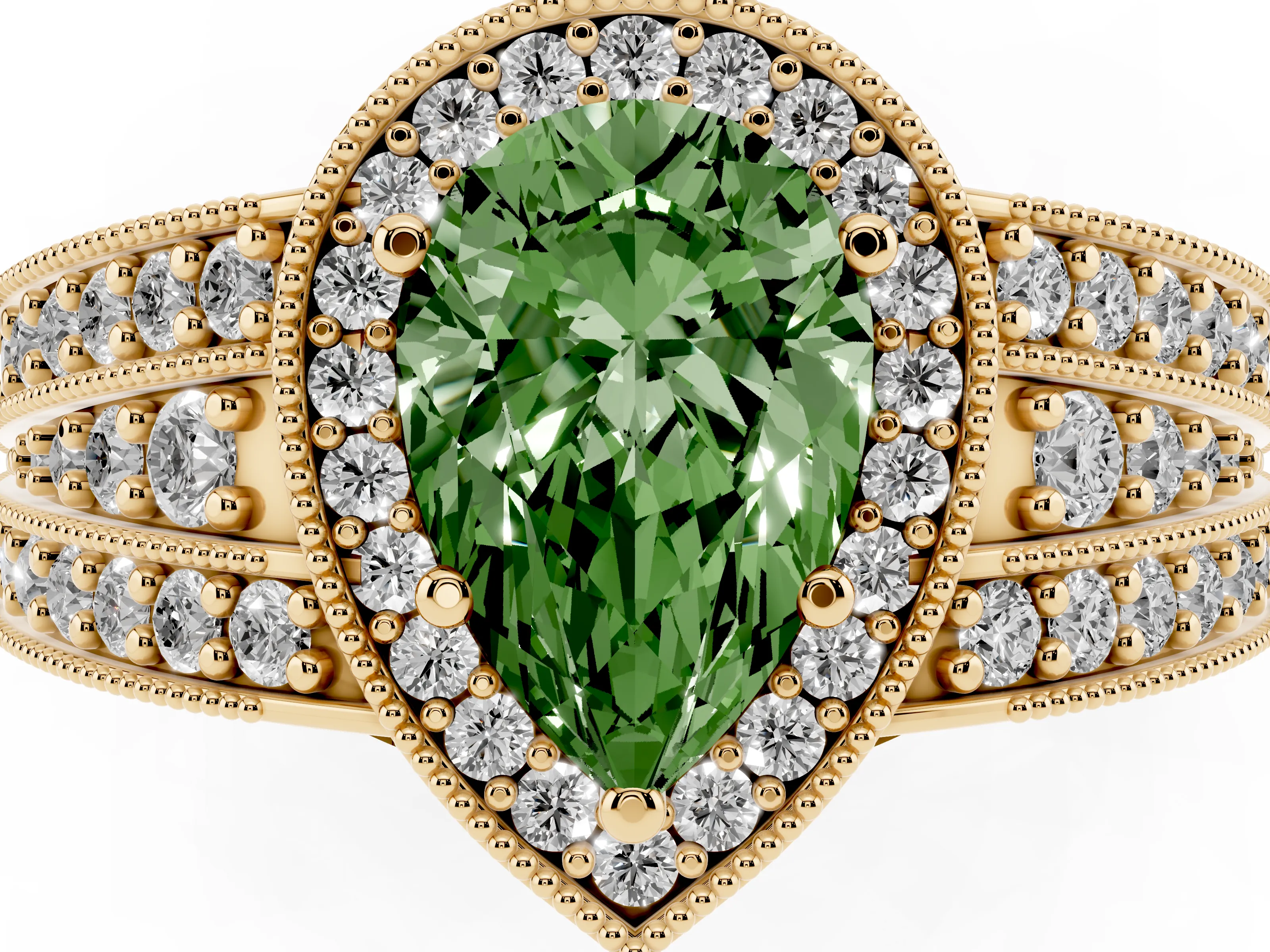 Fancy Green Pear Cut Diamond Halo Ring Set in Yellow gold with Accent Split Shank and Prong Setting