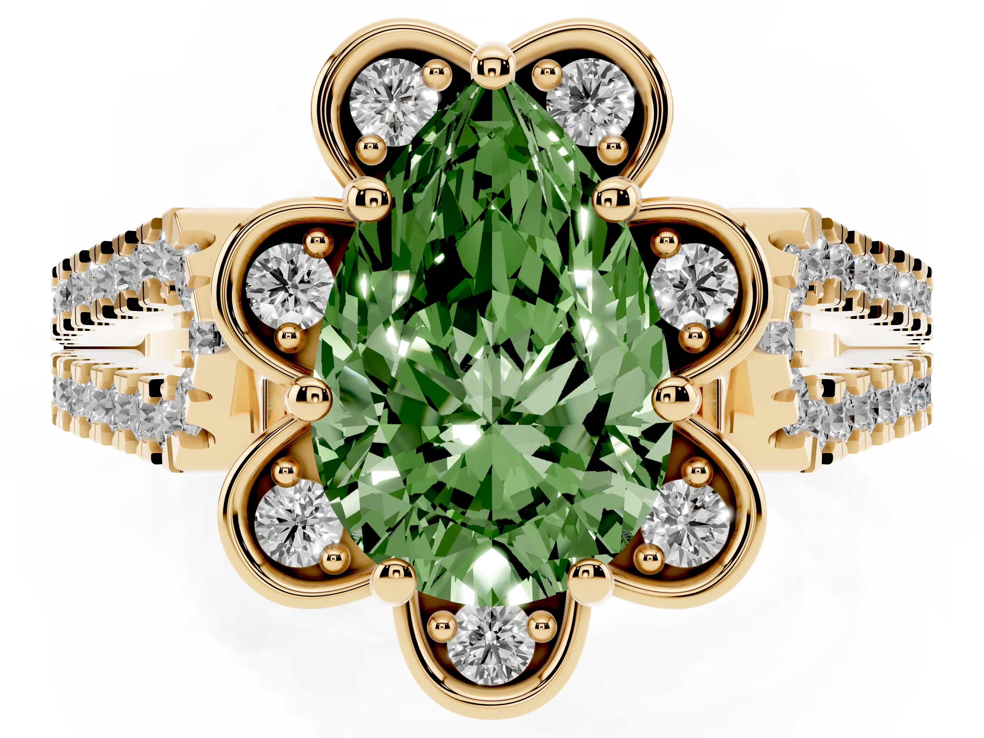 Fancy Green Pear Cut Diamond Floral Halo Split Shank Engagement Ring Set in Yellow gold with Pavé Shank