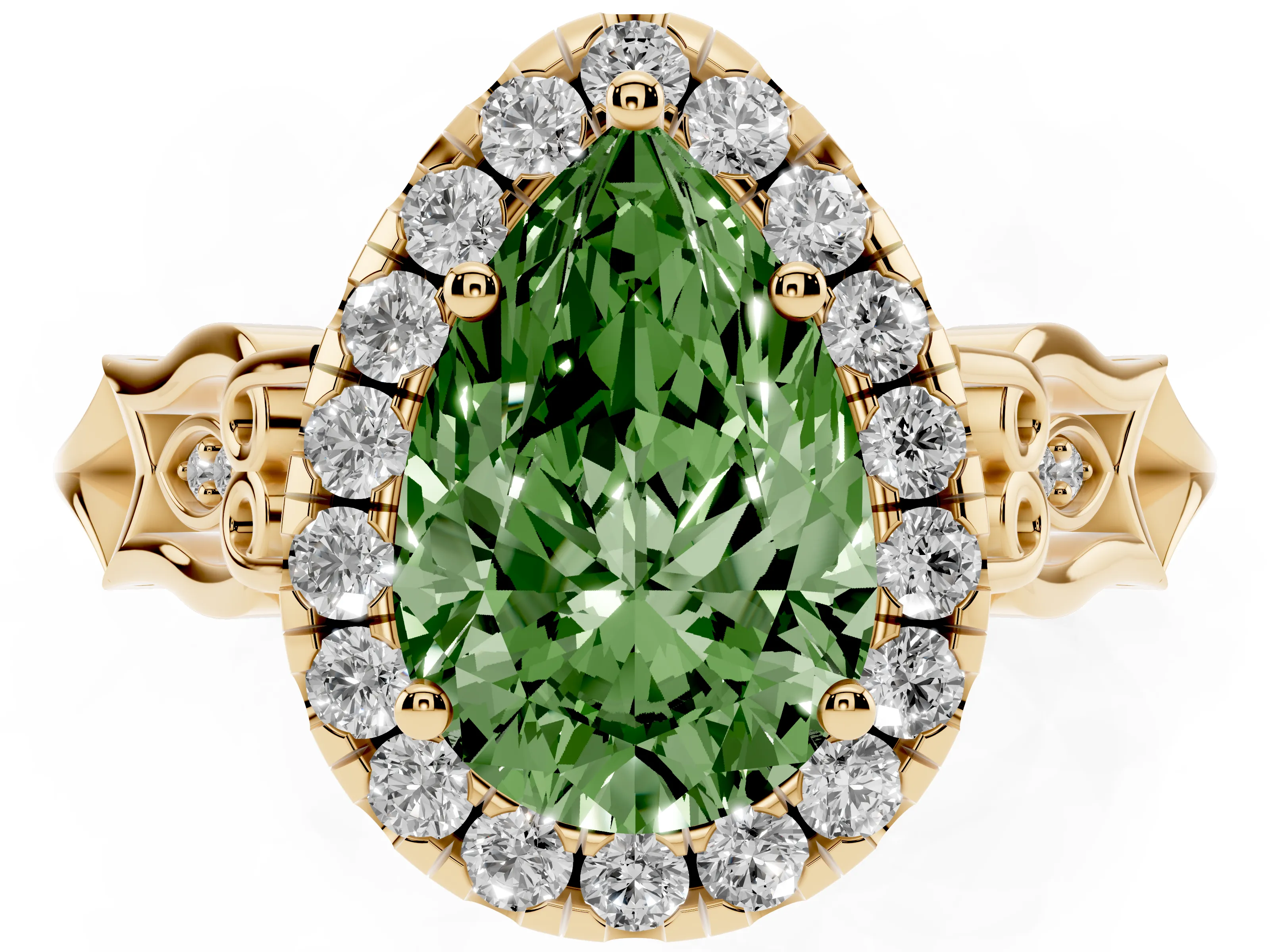 Fancy Green Pear Cut Diamond Halo Engagement Ring Set in Yellow gold with Filigree Band and Prong-Set Center