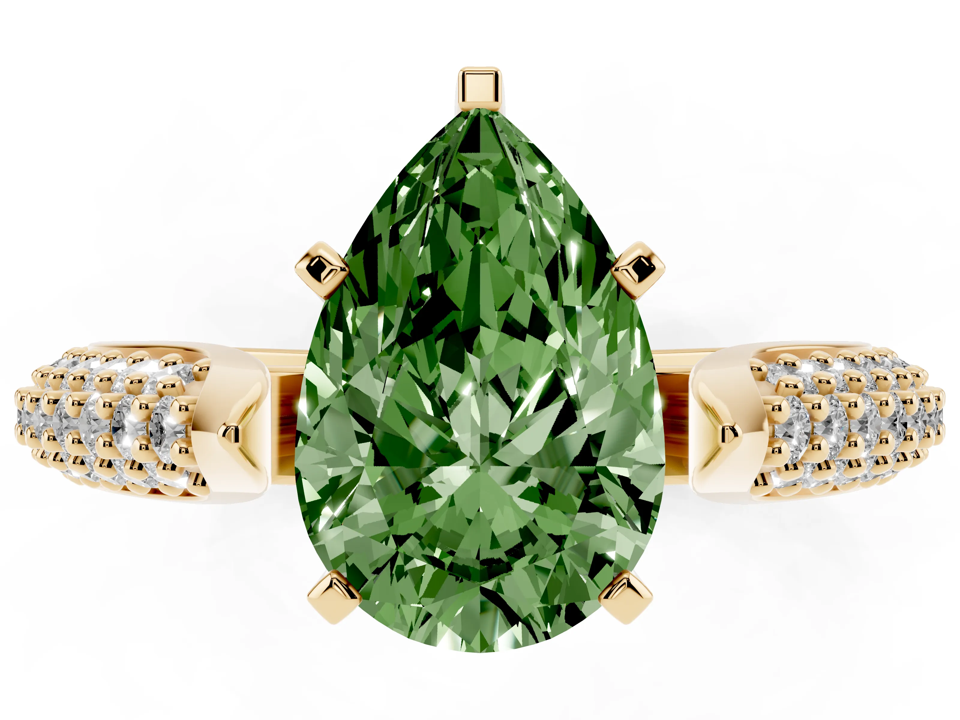 Fancy Green Pear Cut Diamond Solitaire Engagement Ring Set in Yellow gold with Multi-Row Round Pavé Band and Prong Setting
