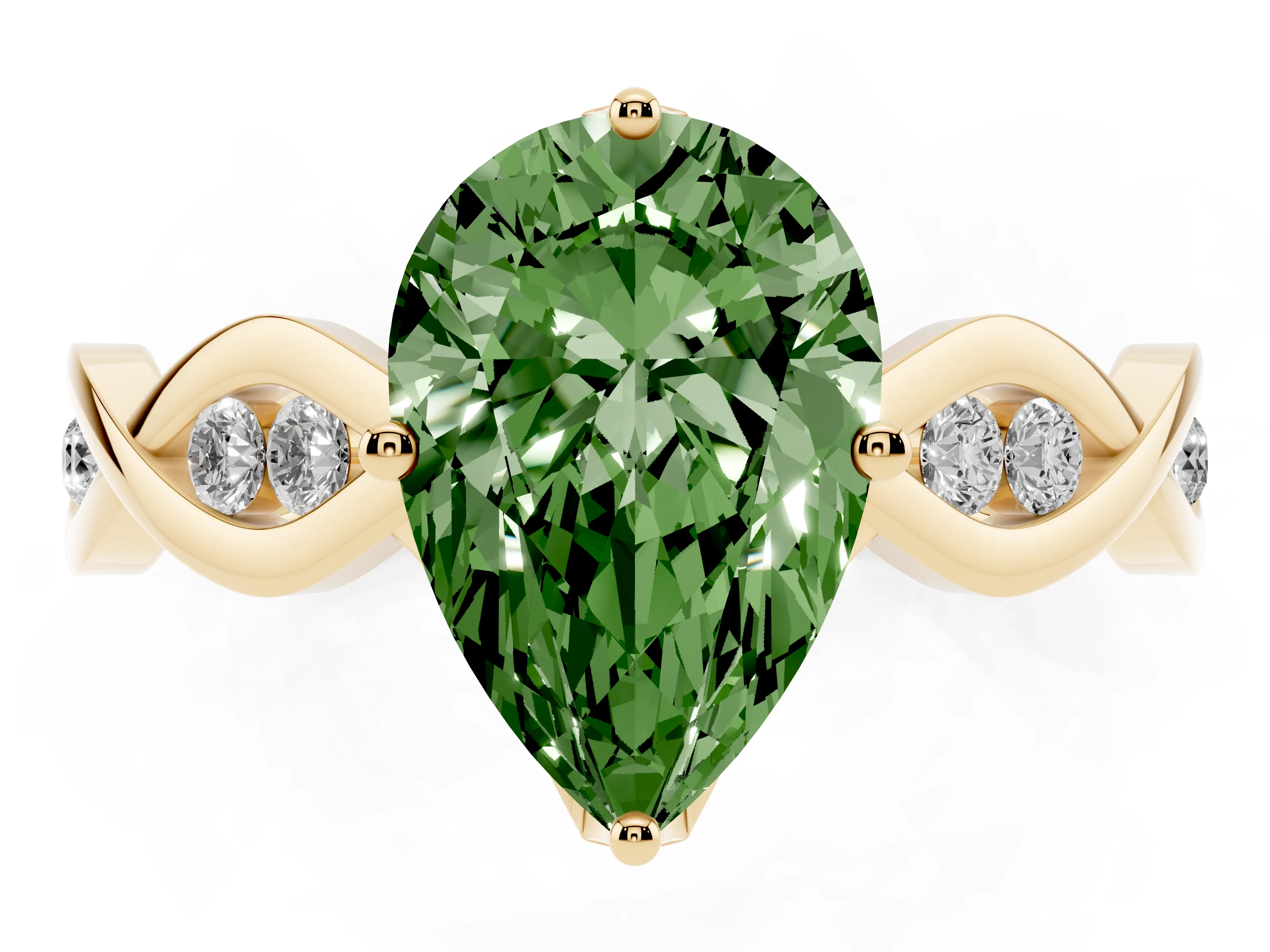 Fancy Green Pear Cut Diamond Twist Band Solitaire Ring Set in Yellow gold with Leaf Prong Setting and Accent Stones
