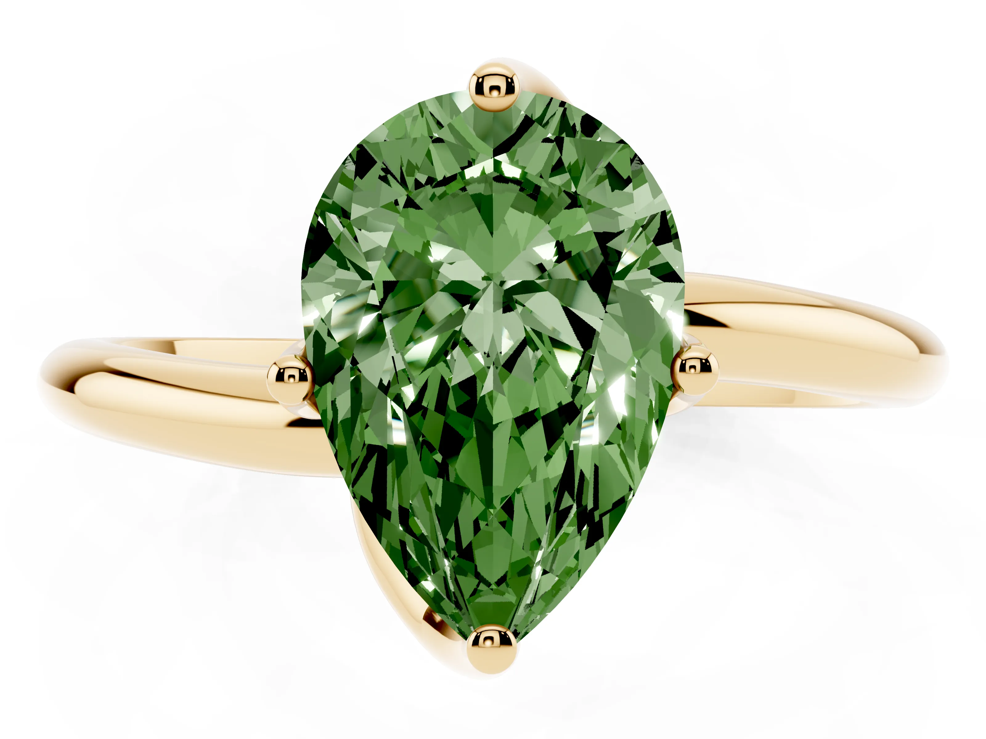 Fancy Green Pear Cut Diamond Solitaire Engagement Ring Set in Yellow gold with Classic Plain Band