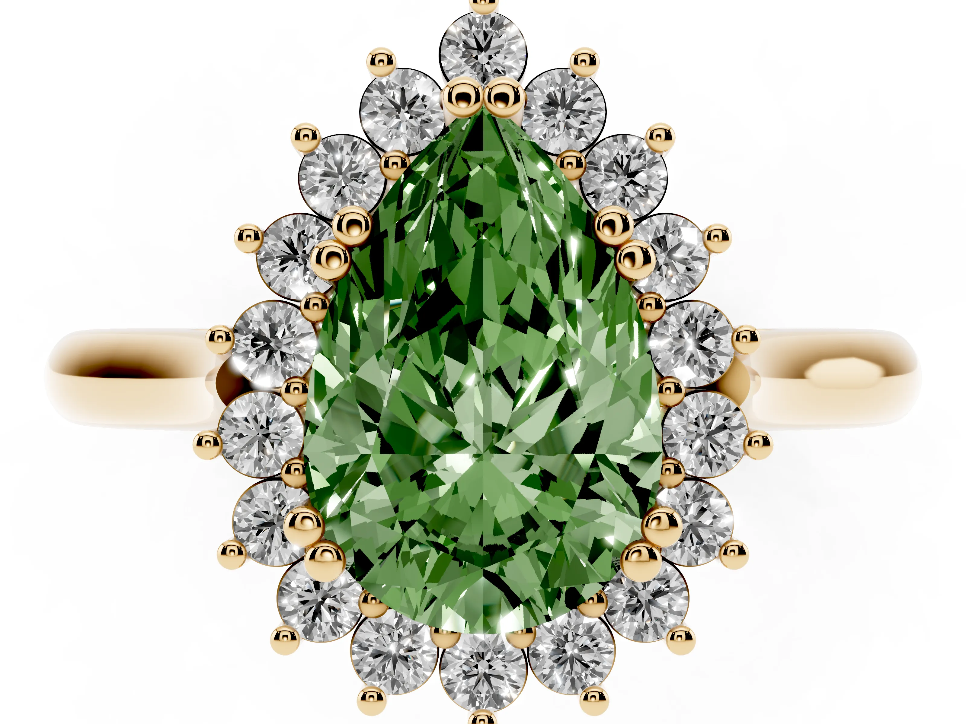 Fancy Green Pear Cut Diamond Halo Ring Set in Yellow gold with Plain Solitaire Band and Prong Setting
