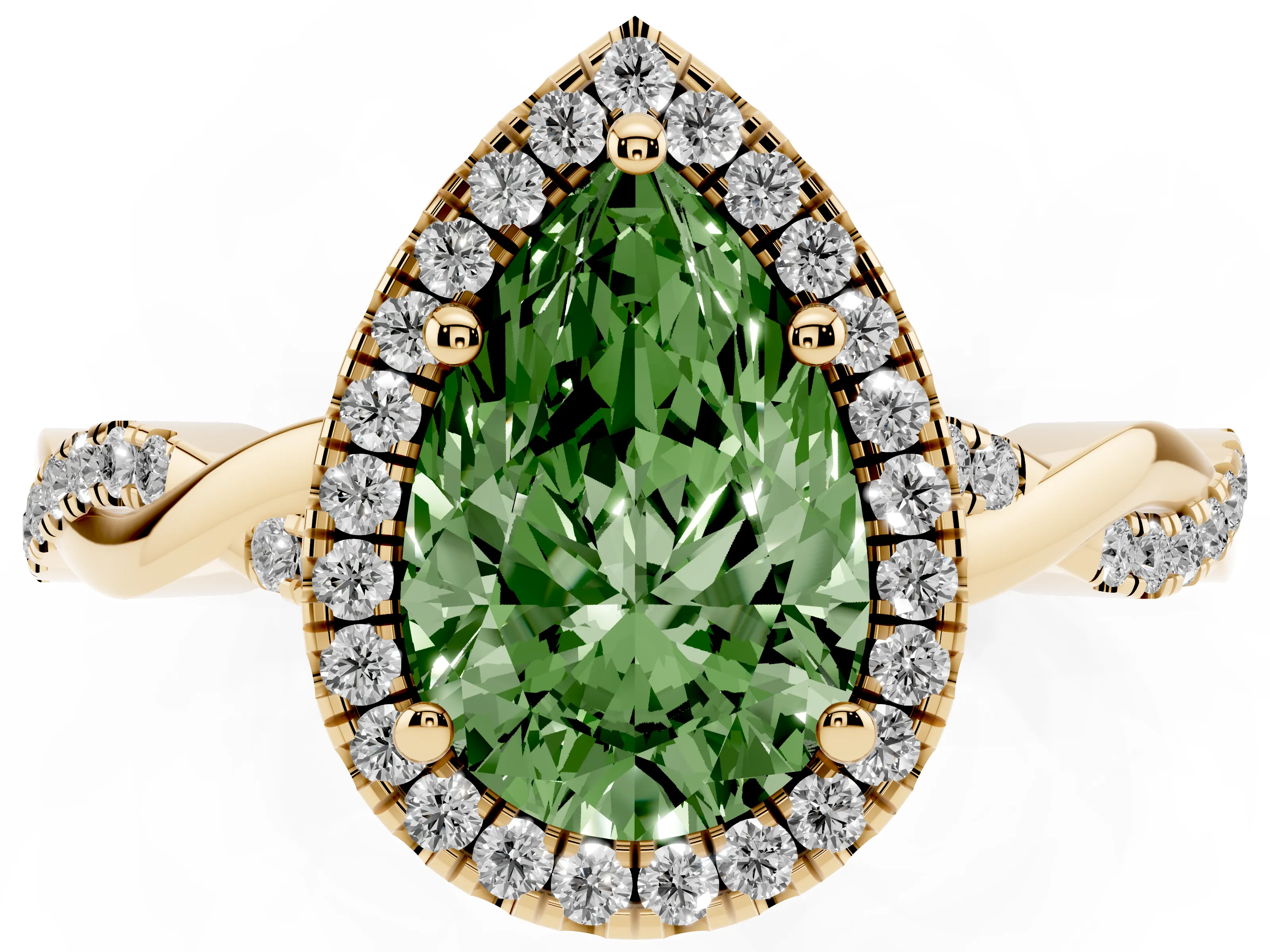 Fancy Green Pear Cut Diamond Halo Twisted Band Ring Set in Yellow gold with Prong Setting