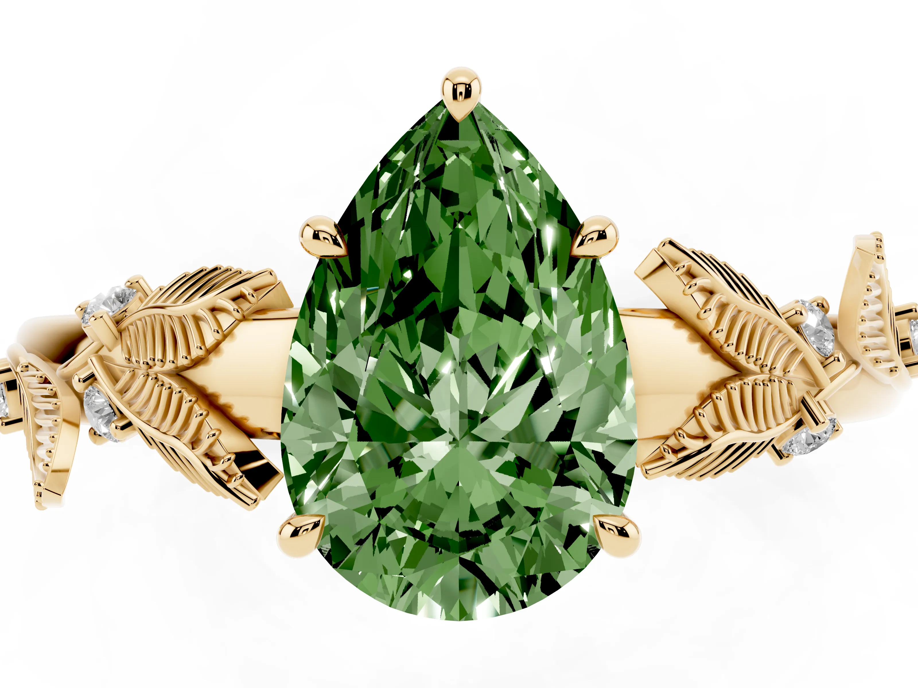 Pear-Shaped Leaf Solitaire Engagement Ring Setting for a Fancy Green Lab-Grown Diamond | Yellow Gold
